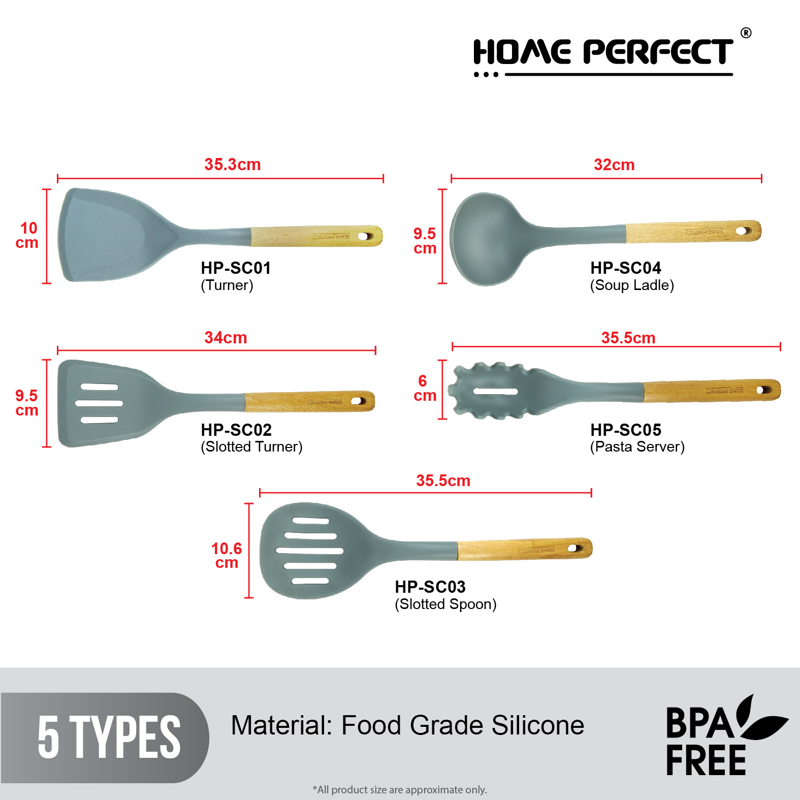 HOME PERFECT Silicone Non-Scratch Kitchen Utensils W/Hang Hole,Slotted Turner/Spoon,Ladle,Pasta Server, HP-SC01, HP-SC02 - Image 2