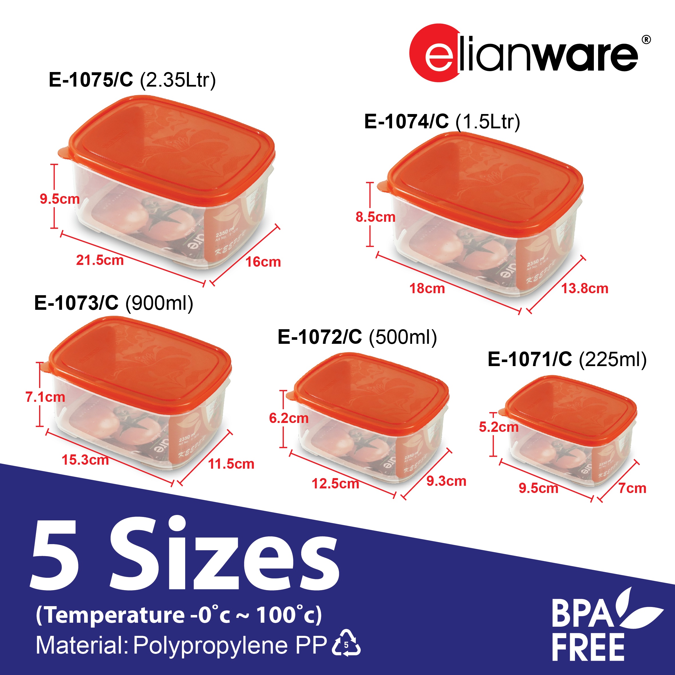 ELIANWARE SUPERDEAL 5 In 1 225ml-2.35Ltr Rect. Airtight Food Keeper,Stackable Bekas Makanan, E-1071/2/3/4/5(C) - Image 2