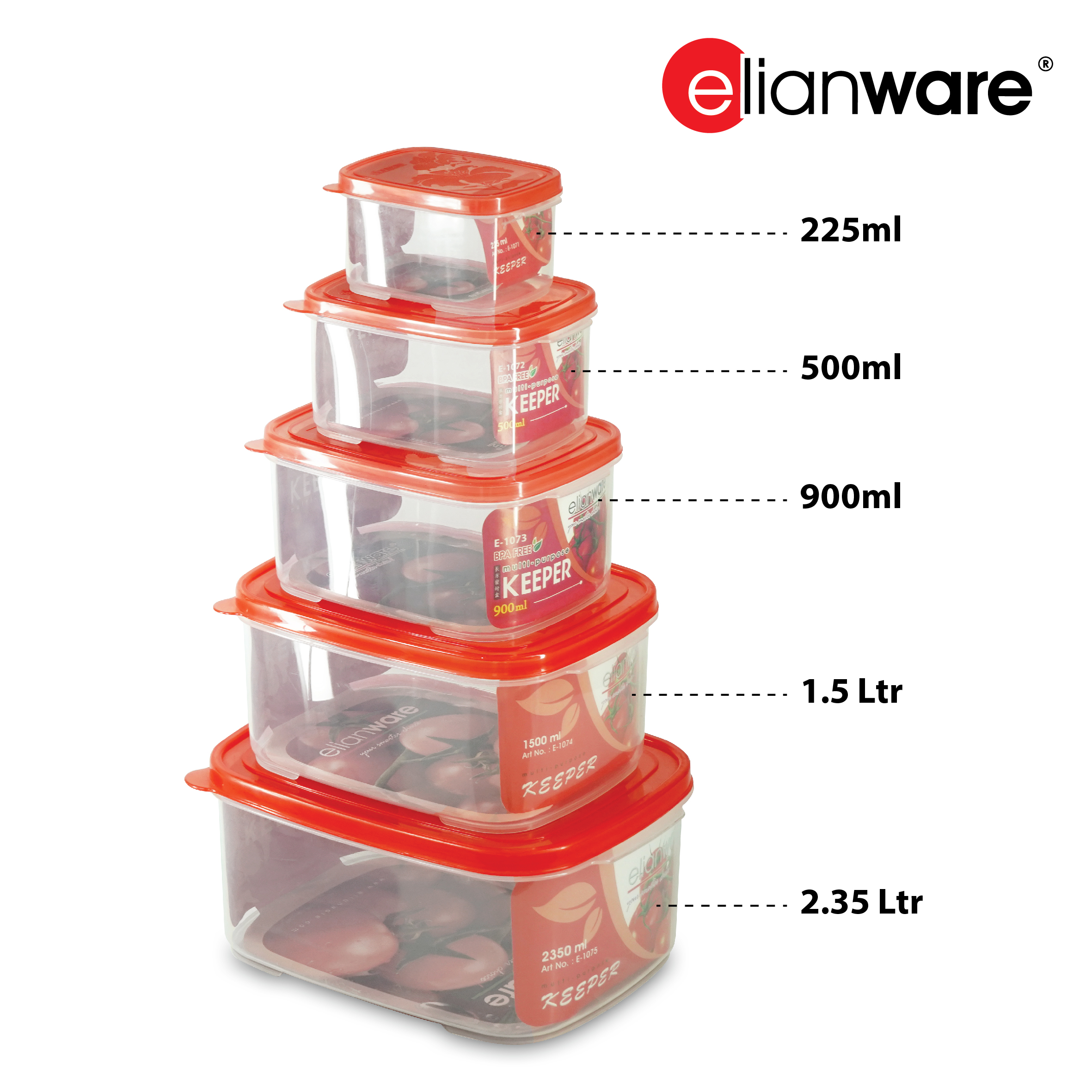 ELIANWARE SUPERDEAL 5 In 1 225ml-2.35Ltr Rect. Airtight Food Keeper,Stackable Bekas Makanan, E-1071/2/3/4/5(C) - Image 3