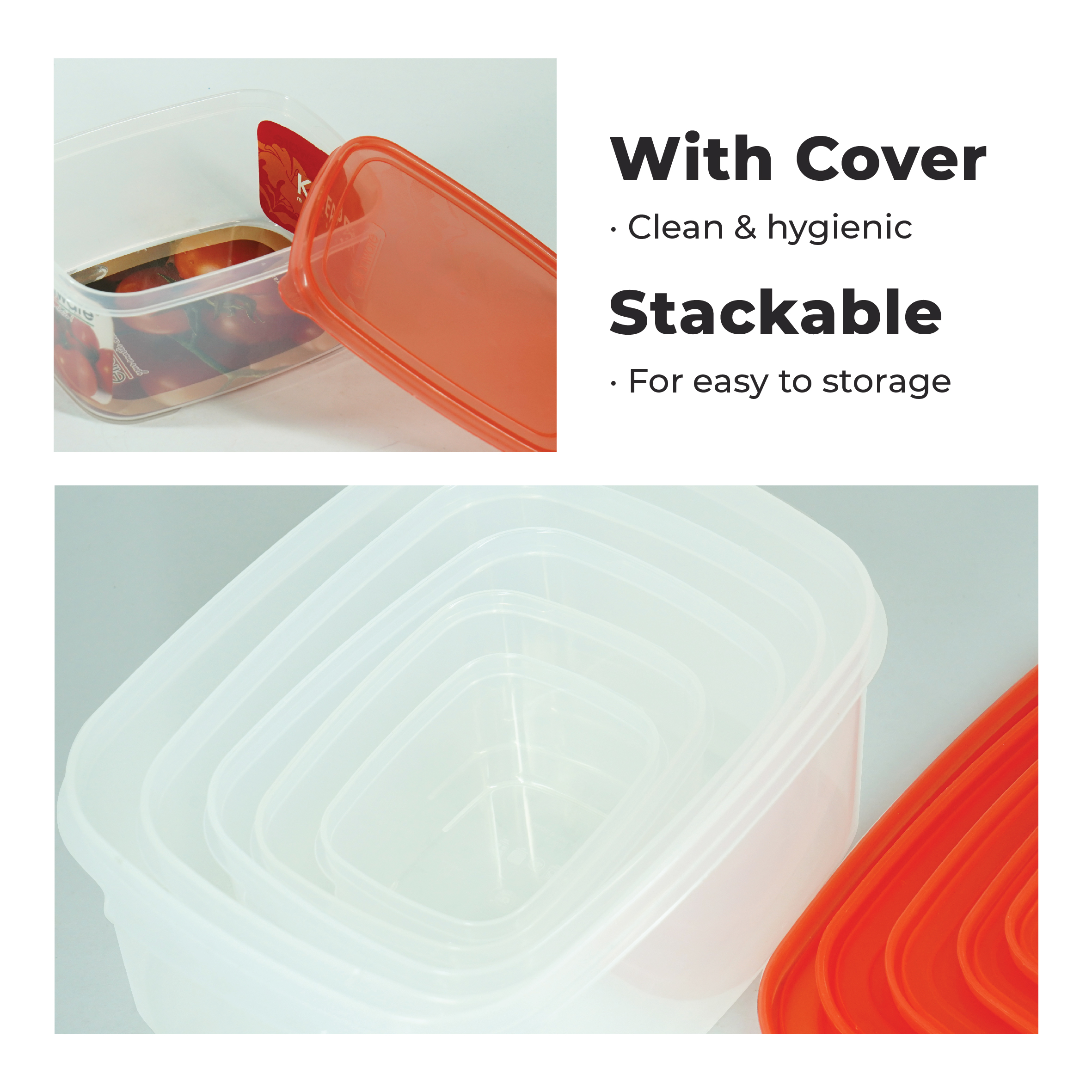 ELIANWARE SUPERDEAL 5 In 1 225ml-2.35Ltr Rect. Airtight Food Keeper,Stackable Bekas Makanan, E-1071/2/3/4/5(C) - Image 4