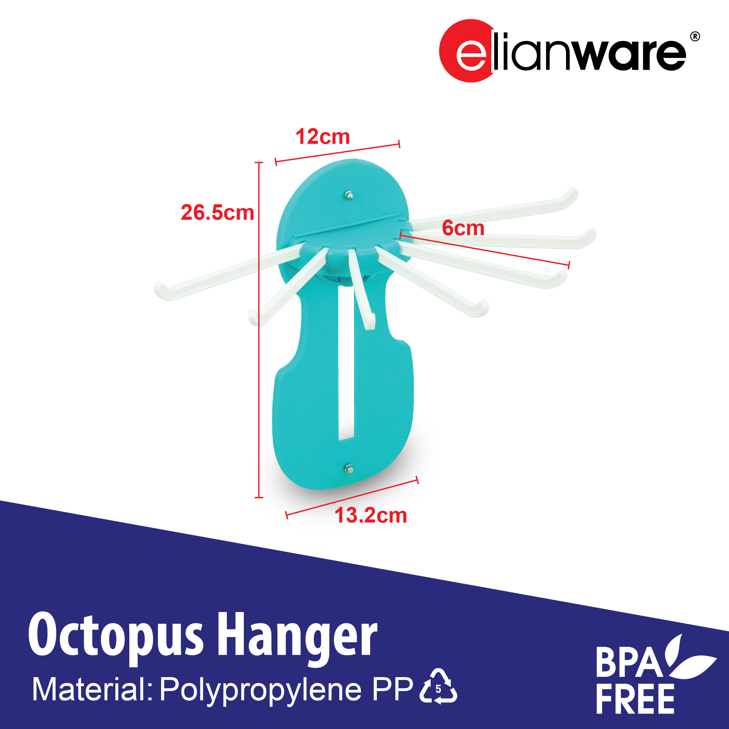 ELIANWARE 7 In 1 Wall Clothes Octopus Hanger,Multipurpose Kitchen Utensils Cutlery Holder,Penyangkut Tuala Tudung, E-1291 - Image 2