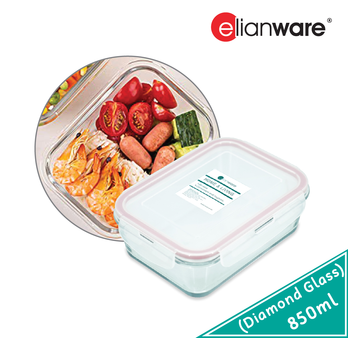 ELIANWARE 400/850/1650ml Borosilicate Glass Rect. Food Container, Airtight Bekas Makanan, E-1401, E-1402, E-1403