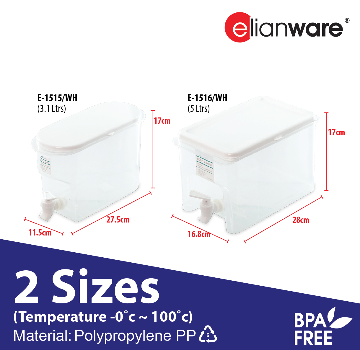 ELIANWARE 3.1/5Ltrs Water&Juice&Detergent Storage Dispenser,Water Cooler,Drink Jar,Bekas Air Tong,E-1515/WH, E-1516/WH - Image 2
