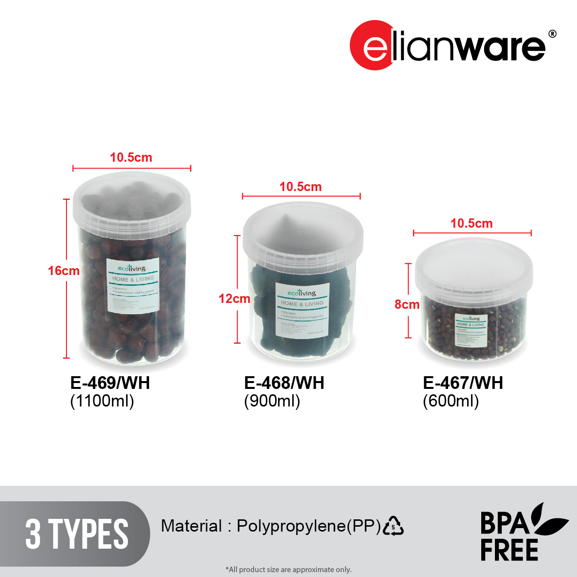 ELIANWARE 260-1500ml Stackable Round Transparent Canister,Food Storage Jar,Bekas,E-414,415,416,417,418, E-1103,1104,1105 - Image 3