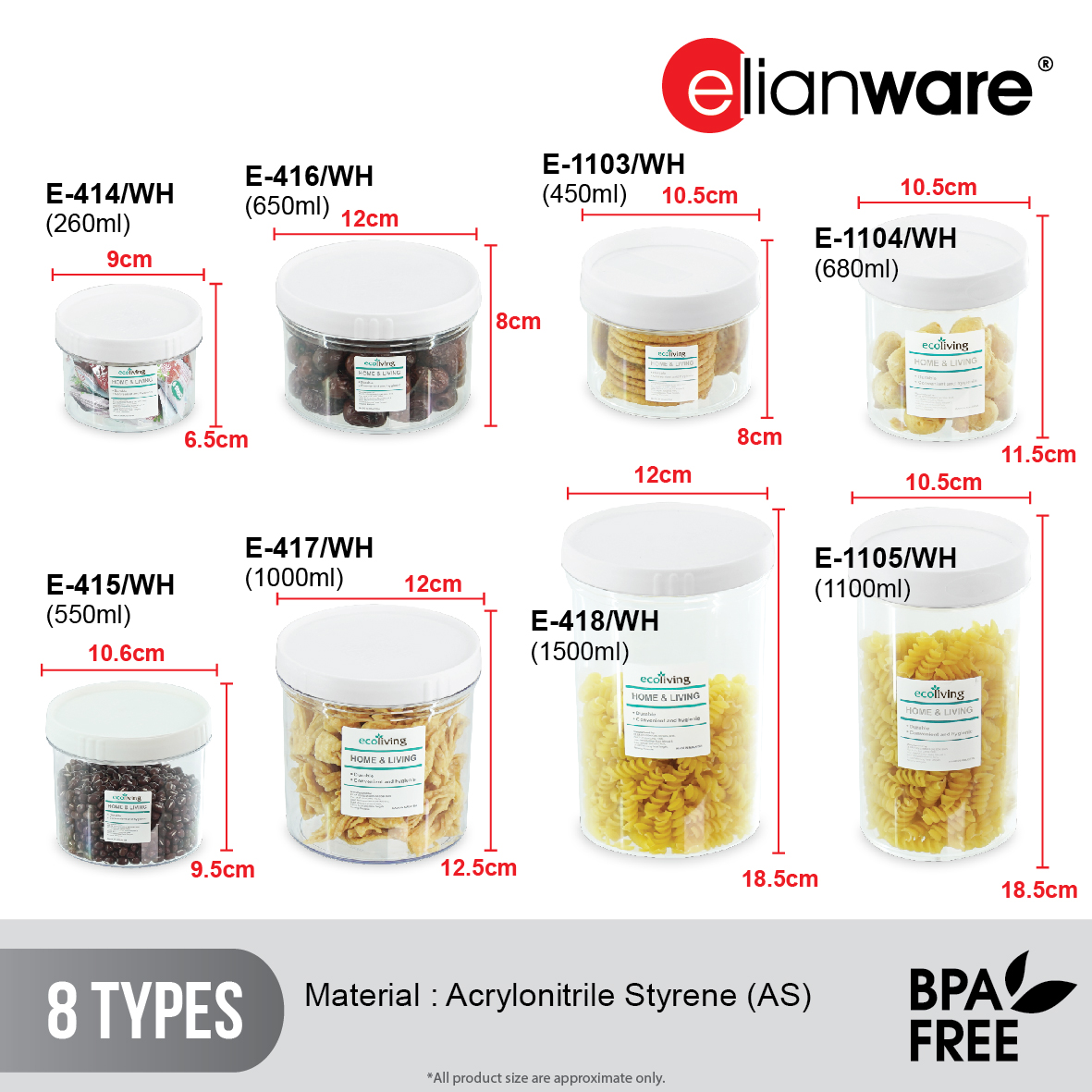 ELIANWARE 260-1500ml Stackable Round Transparent Canister,Food Storage Jar,Bekas,E-414,415,416,417,418, E-1103,1104,1105 - Image 2