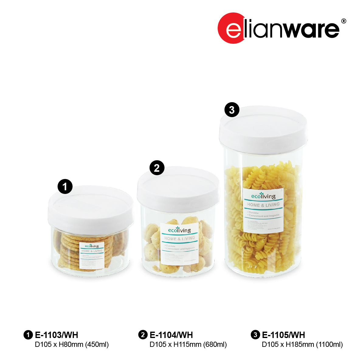 ELIANWARE 260-1500ml Stackable Round Transparent Canister,Food Storage Jar,Bekas,E-414,415,416,417,418, E-1103,1104,1105 - Image 5