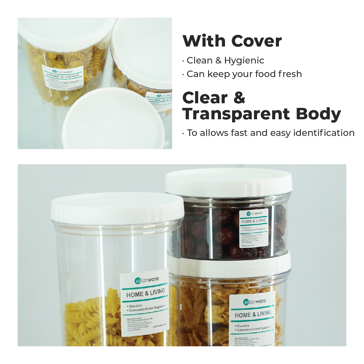 ELIANWARE 260-1500ml Stackable Round Transparent Canister,Food Storage Jar,Bekas,E-414,415,416,417,418, E-1103,1104,1105 - Image 6