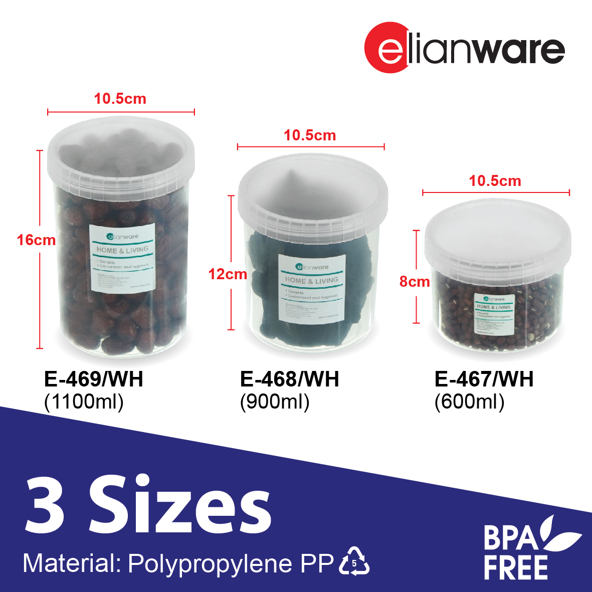 ELIANWARE 600/900/1100ml Stackable Round Elegant Transparent Canister, Food Storage Jar, E-467/WH, E-468/WH, E-469/WH - Image 2