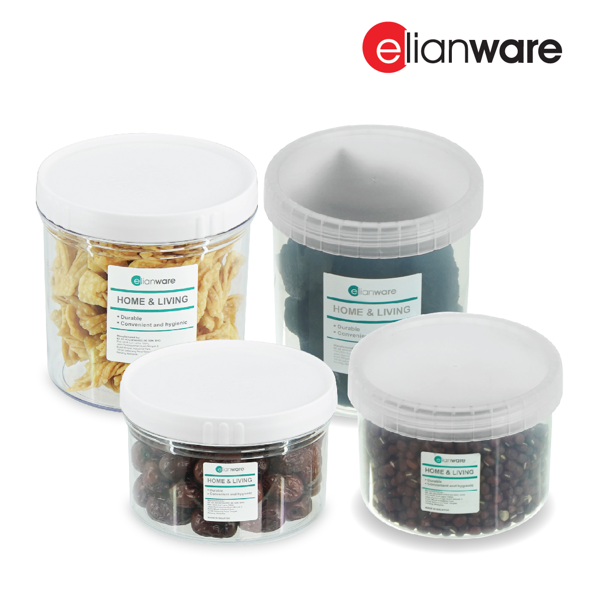 ELIANWARE 600/900/1100ml Stackable Round Elegant Transparent Canister, Food Storage Jar, E-467/WH, E-468/WH, E-469/WH - Image 3