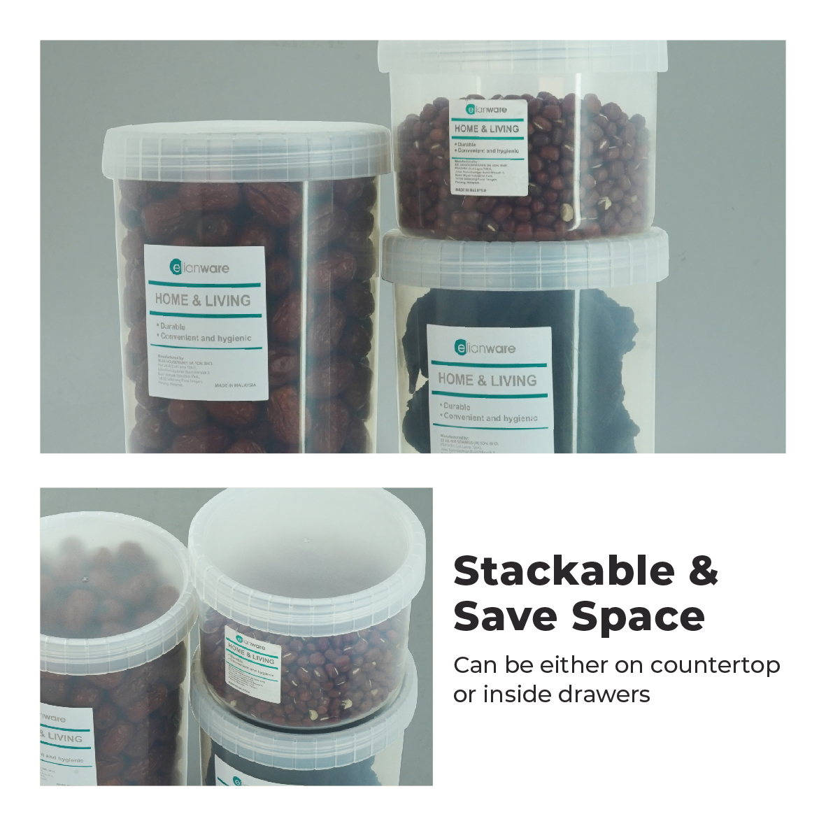 ELIANWARE 600/900/1100ml Stackable Round Elegant Transparent Canister, Food Storage Jar, E-467/WH, E-468/WH, E-469/WH - Image 5