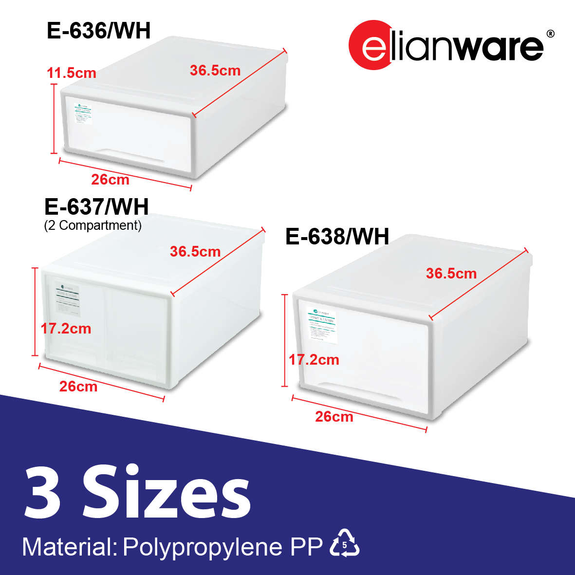 ELIANWARE Extra Wide 2 Compartment Office Storage Box Drawer W/Handle, Kotak Penyimpanan, E-636/WH, E-637/WH, E-638/WH - Image 2