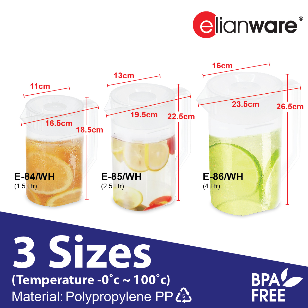 ELIANWARE 1.5/2.5/4Ltr Water Juice Jug Pitcher, Jug With Handle, Drinkware, Lids Jag Air Minuman, E-84/WH, E-85/WH, E-86/WH - Image 2