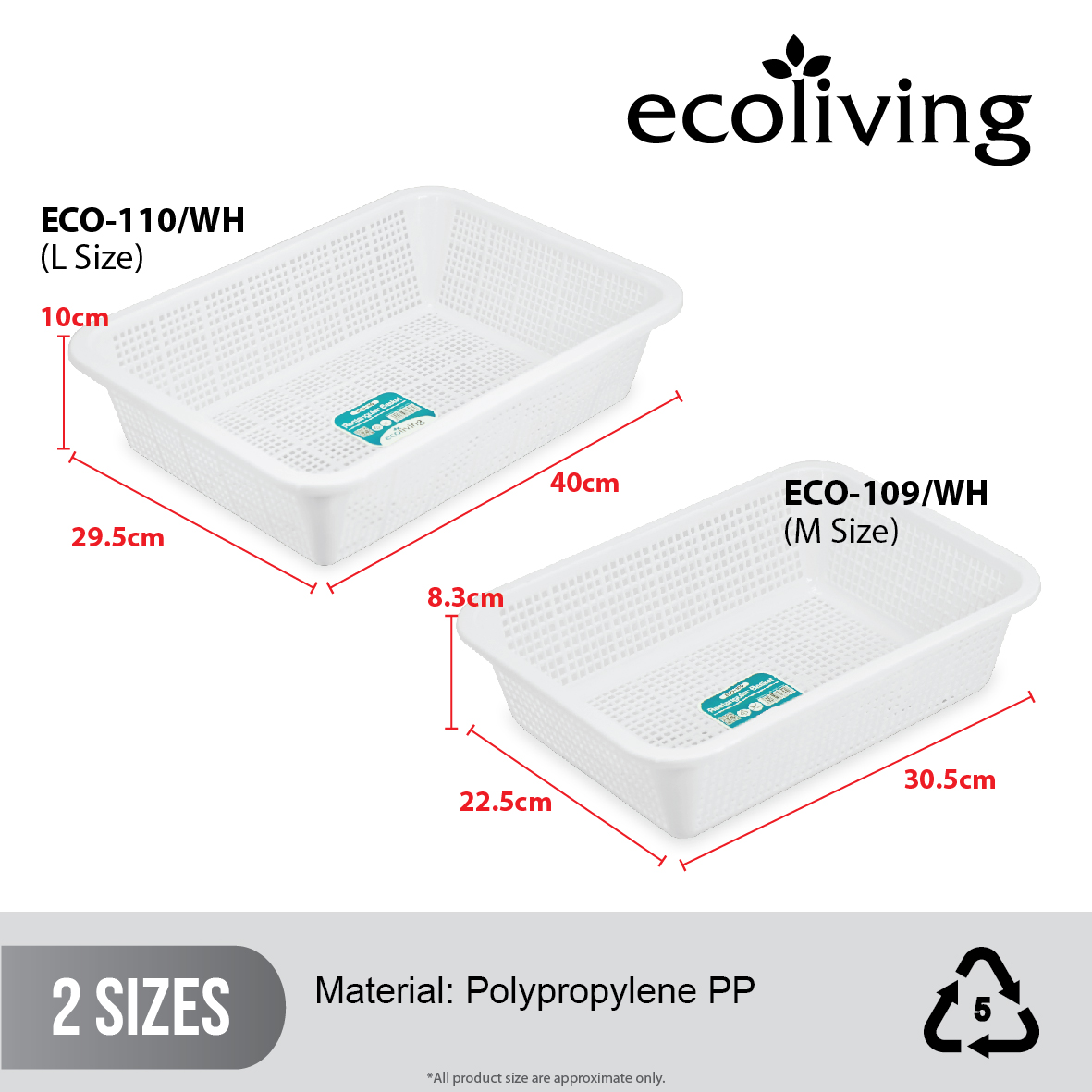 ECO LIVING Rect. Stackable Storage Basket, Kitchen Office Storage Bin Organizer, Bakul Kotak Simpanan, ECO-109/WH, ECO-110/WH - Image 2