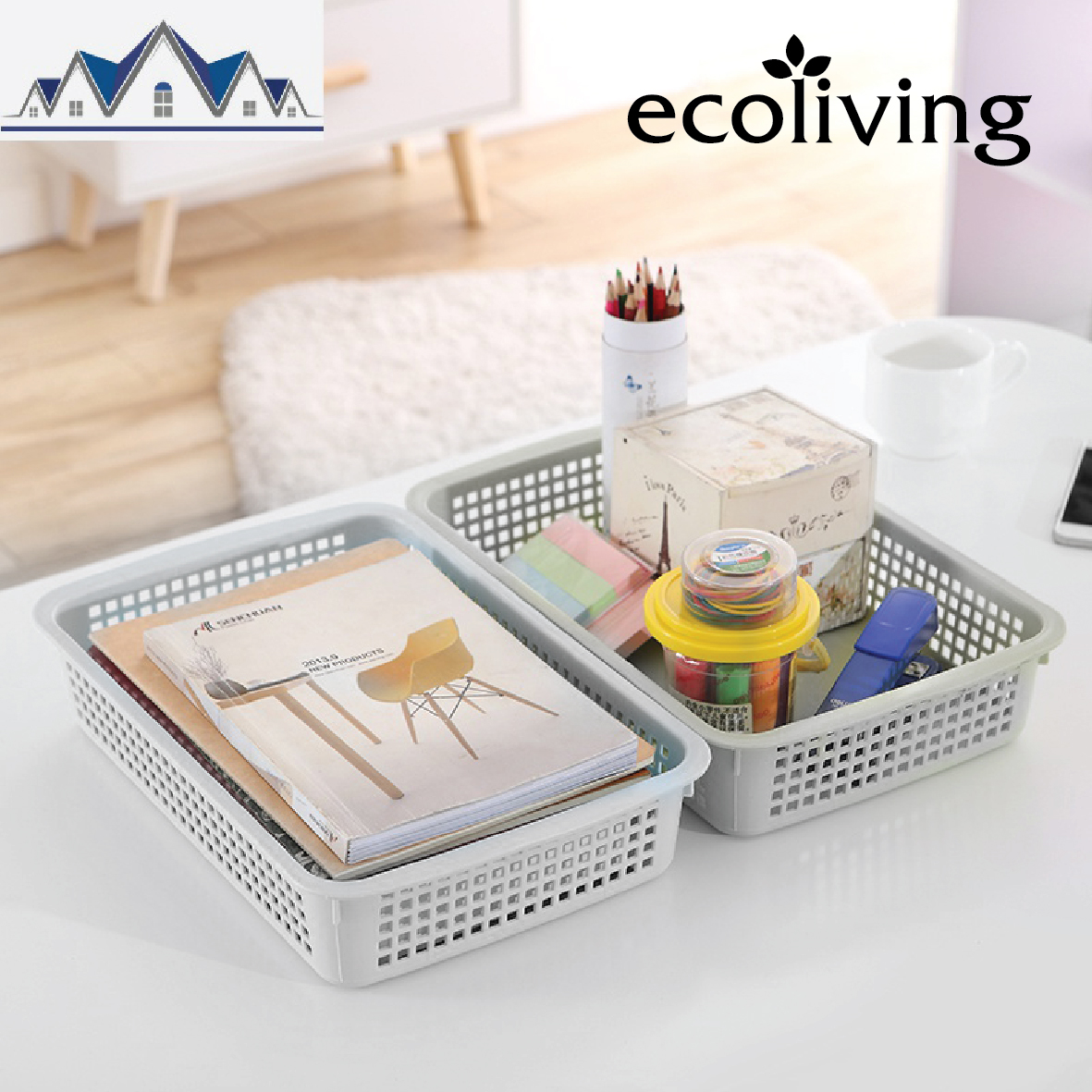 ECO LIVING Rect. Stackable Storage Basket, Kitchen Office Storage Bin Organizer, Bakul Kotak Simpanan, ECO-109/WH, ECO-110/WH - Image 3