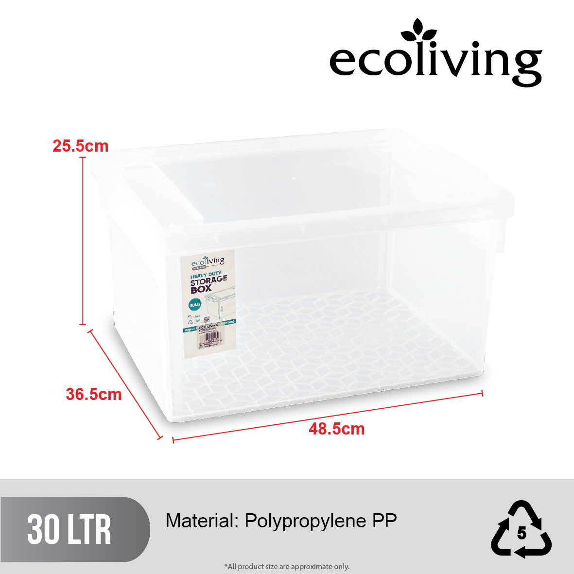 ECO LIVING 30L Heavy Duty Stackable Transparent Storage Box, Space Organizer, Kotak Penyimpanan, ECO-1241/WH - Image 2