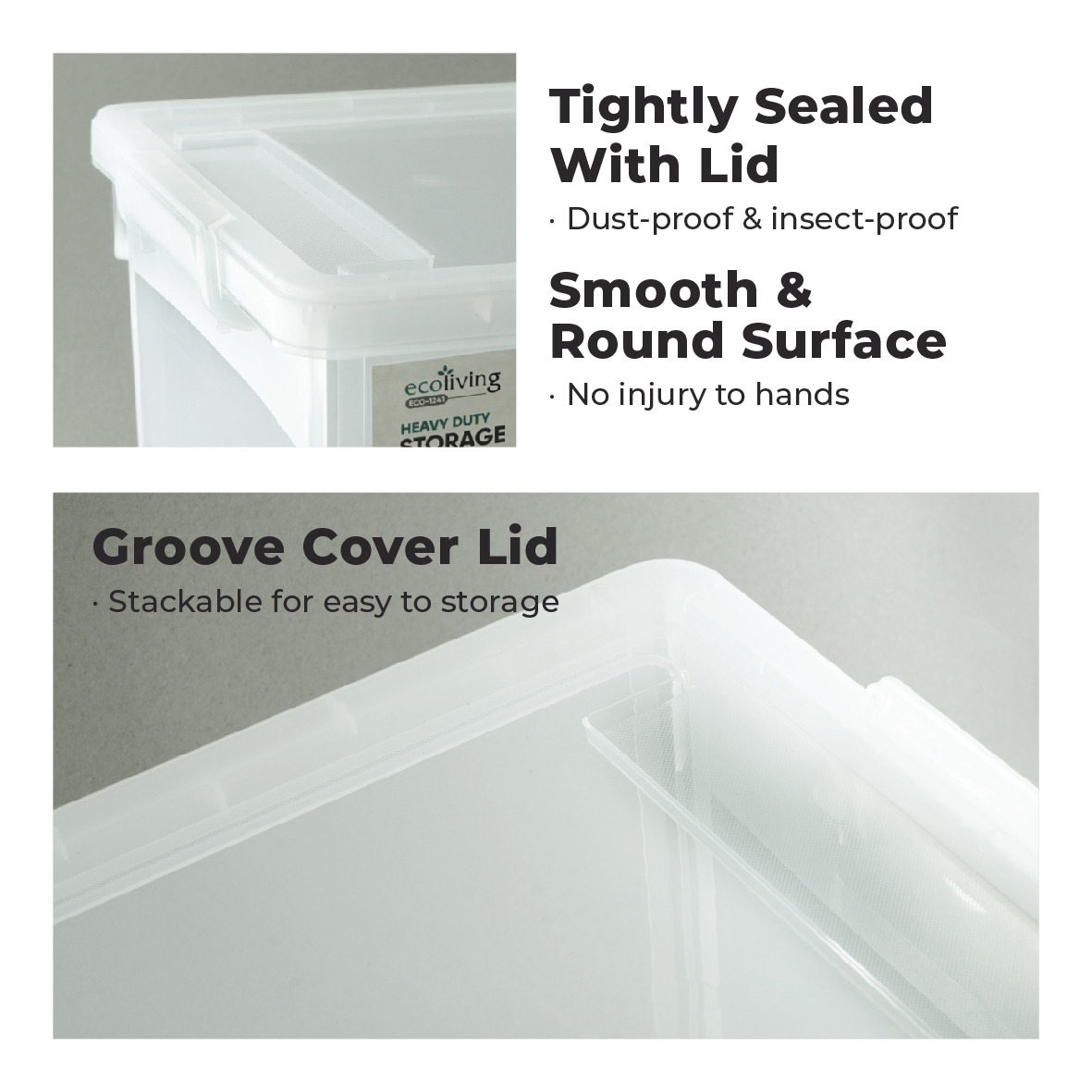 ECO LIVING 30L Heavy Duty Stackable Transparent Storage Box, Space Organizer, Kotak Penyimpanan, ECO-1241/WH - Image 5