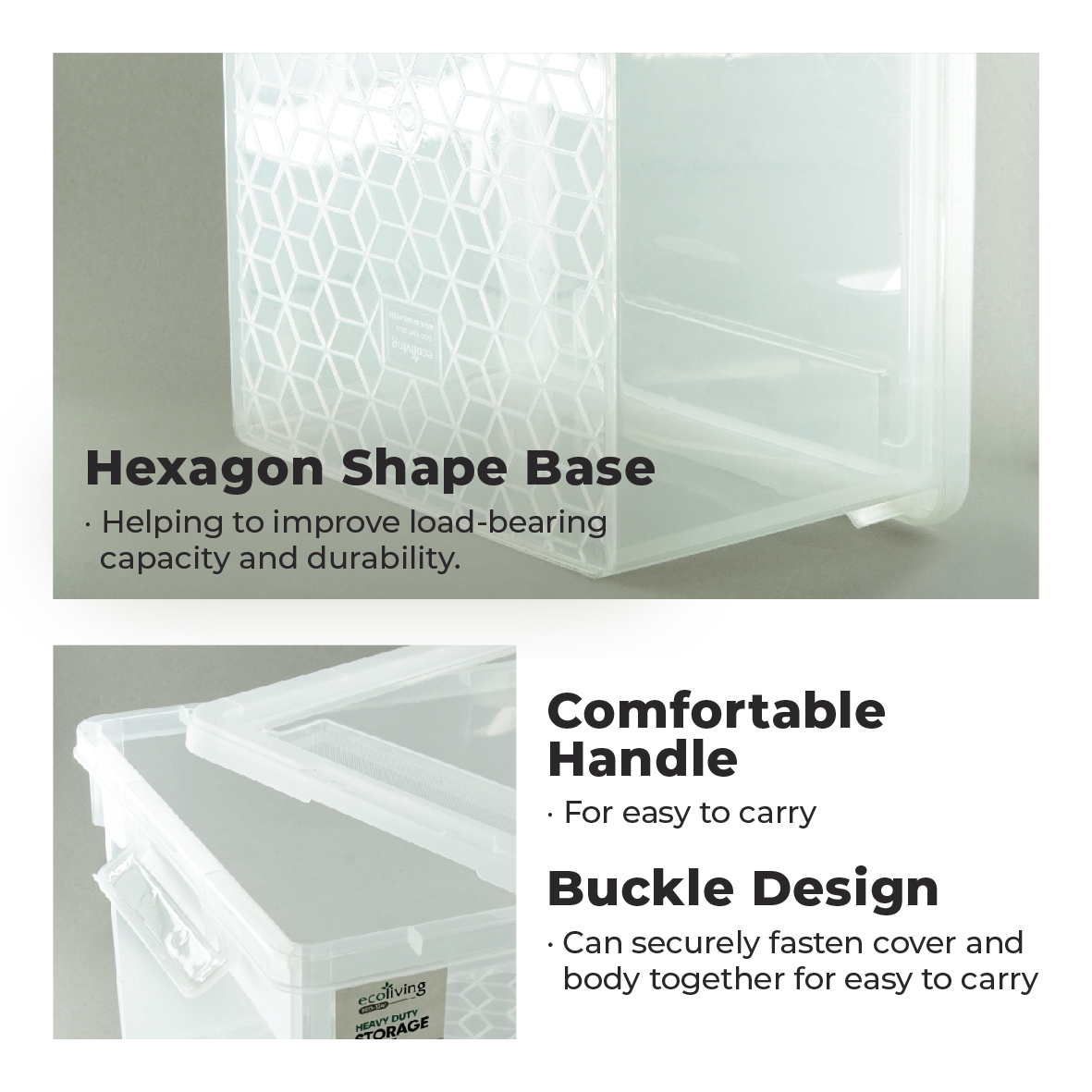 ECO LIVING 30L Heavy Duty Stackable Transparent Storage Box, Space Organizer, Kotak Penyimpanan, ECO-1241/WH - Image 4