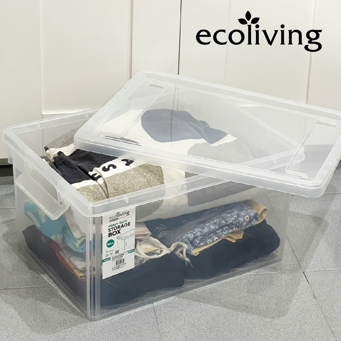 ECO LIVING 30L Heavy Duty Stackable Transparent Storage Box, Space Organizer, Kotak Penyimpanan, ECO-1241/WH - Image 3