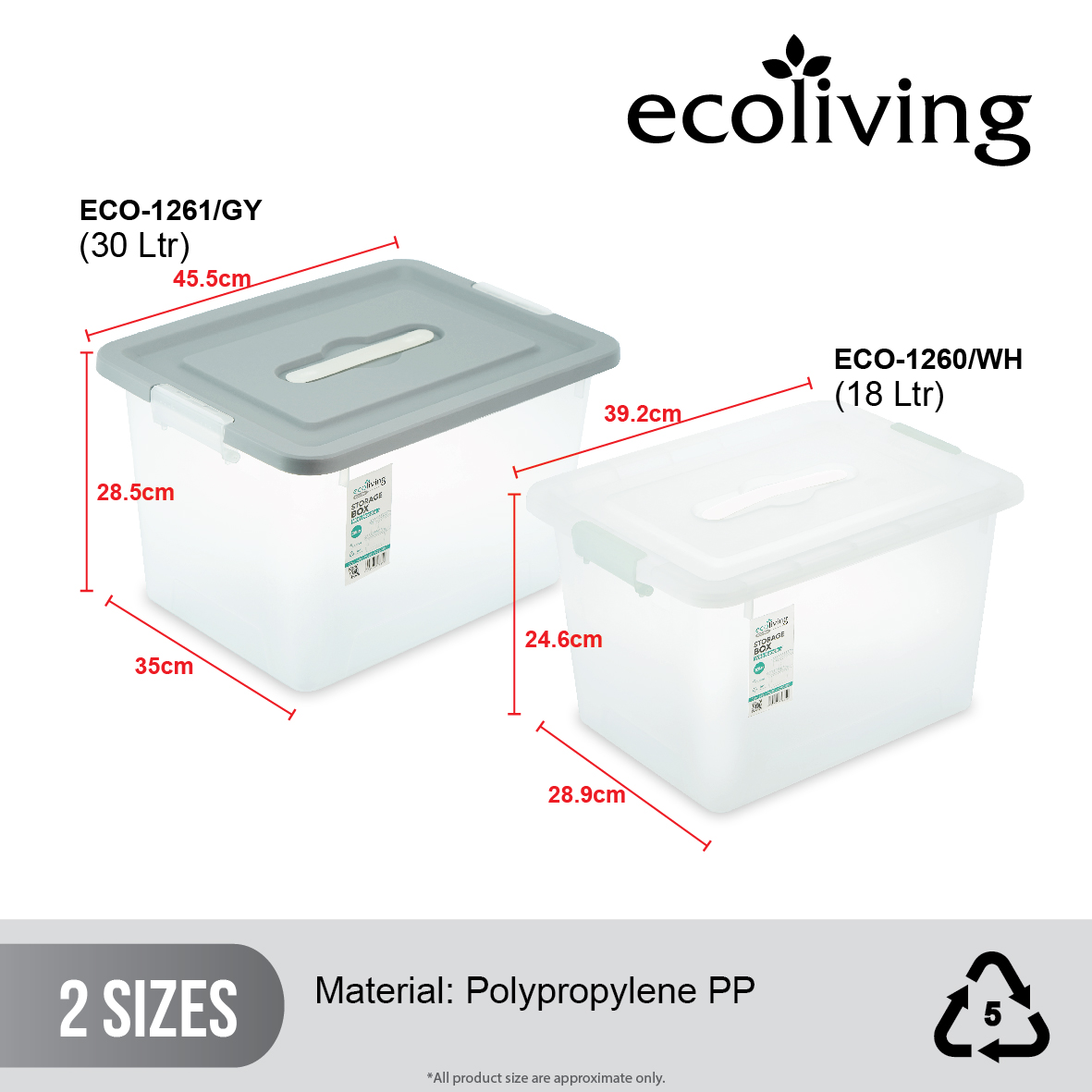 ECO LIVING 18/30Ltr Stackable Storage Box,Groovy Matte Multipurpose Handle Organizer,Kotak Penyimpanan,ECO-1260, ECO-1261/GY/WH - Image 2