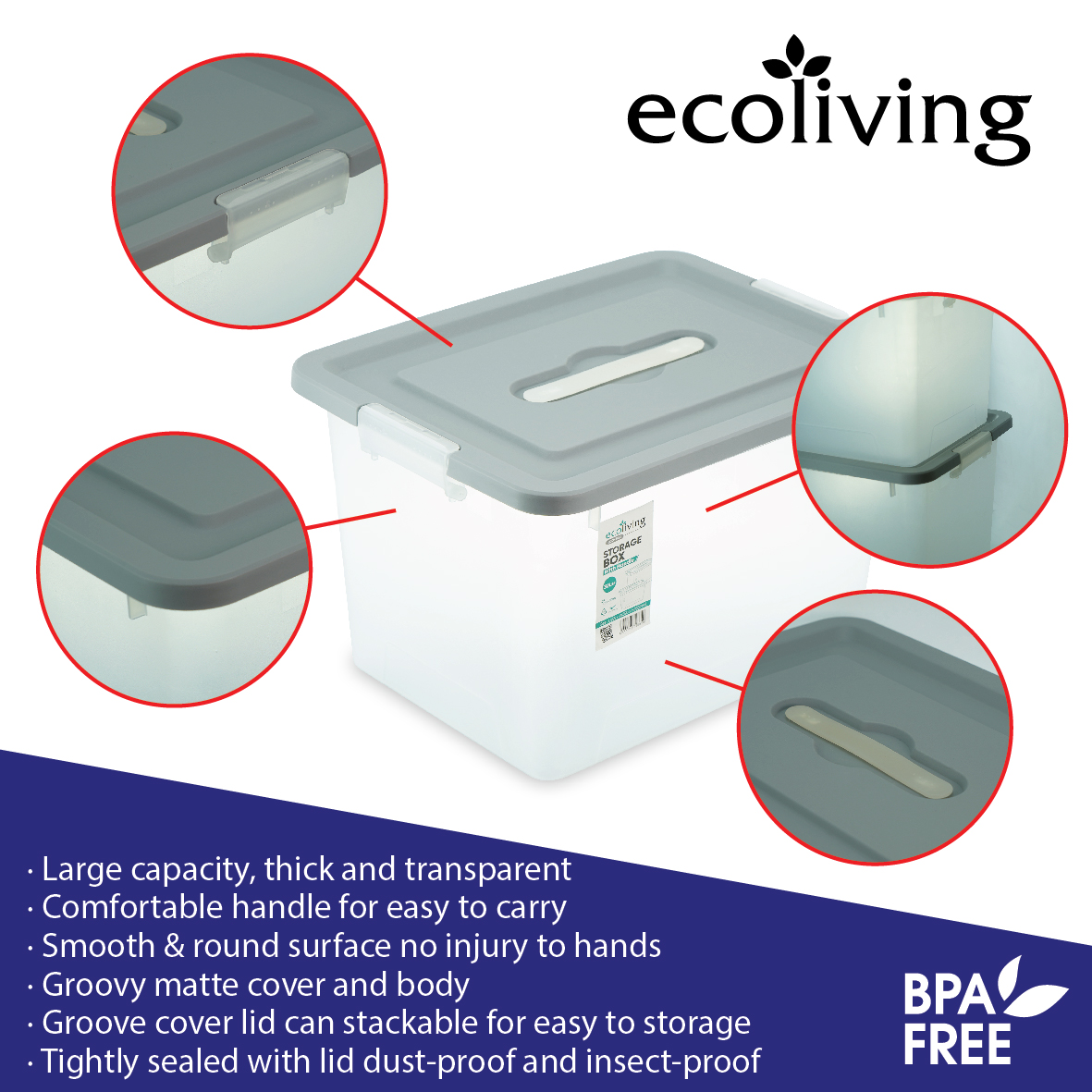 ECO LIVING CARTON DEAL 12Pcs/Pack 30Ltr Stackable Storage Box,Organizer,Kotak Penyimpanan, ECO-1261-12 - Image 4