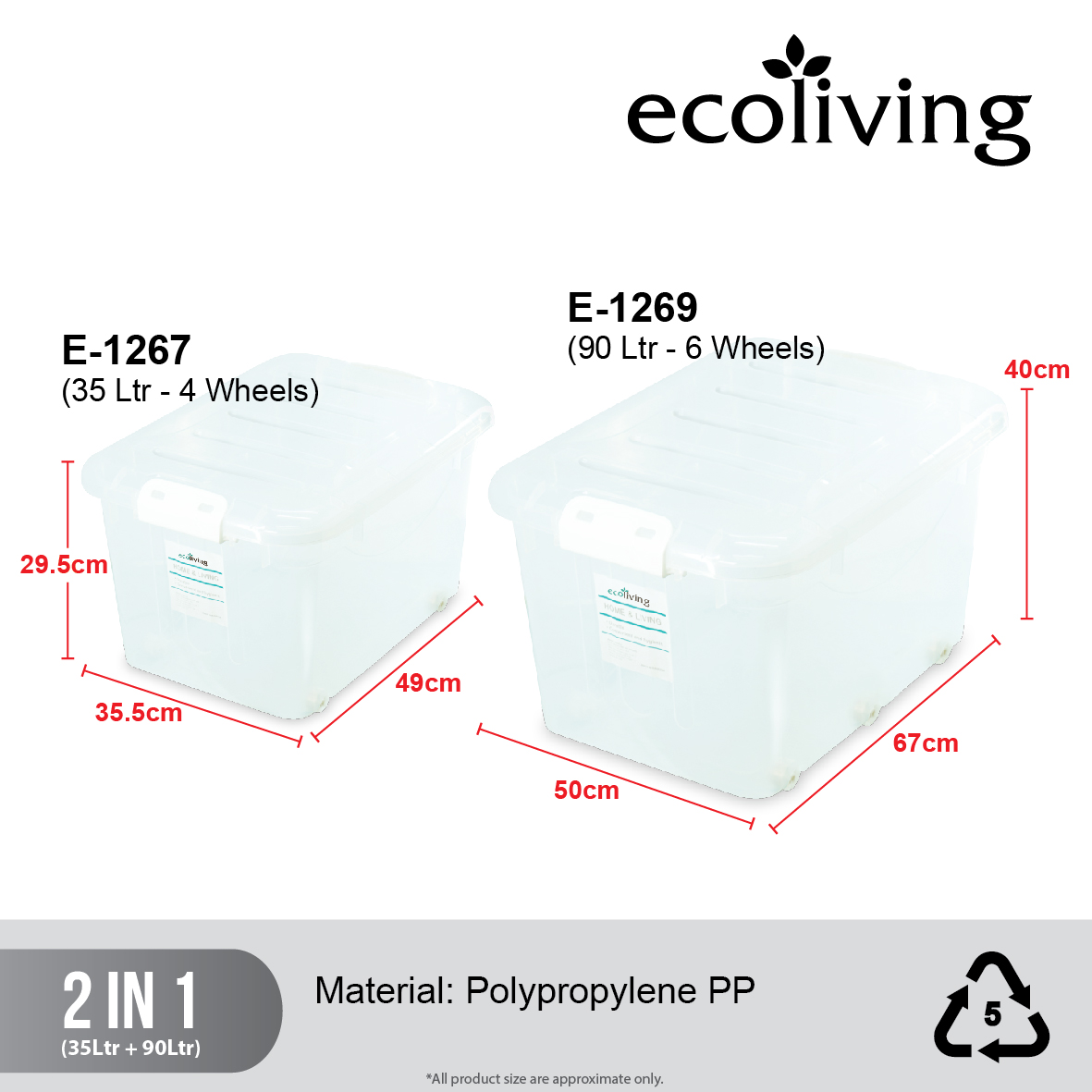 ECO LIVING OFFER PACK 35L+90L Stackable Transparent Storage Box with Wheels & Handle, ECO-1267/ECO-1269 - Image 2