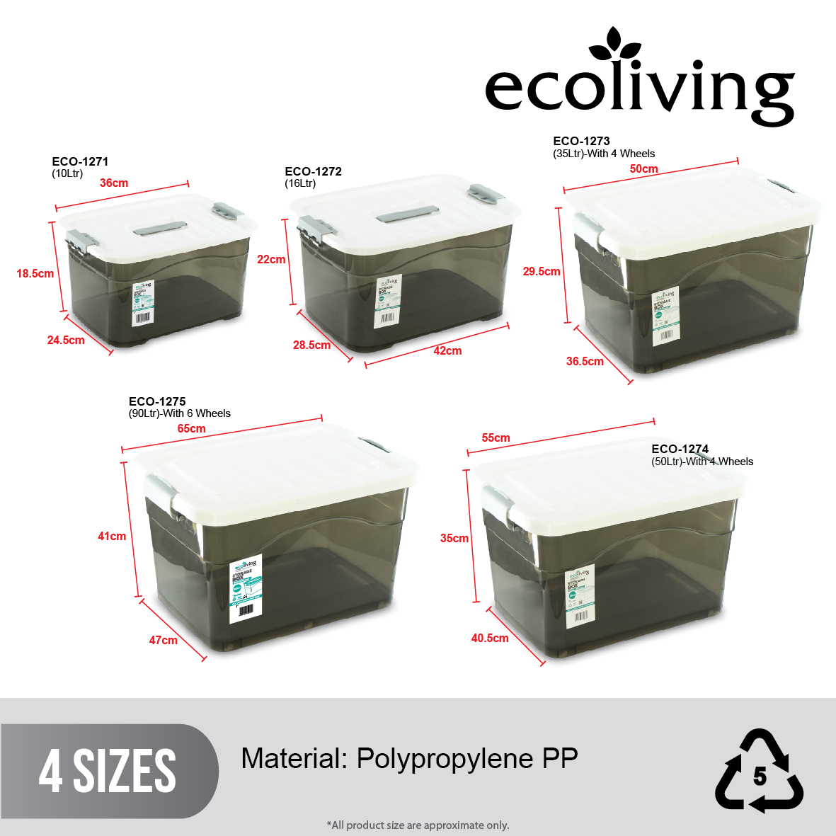 ECO LIVING 90/120Ltr Stackable Storage Box With 6/8 Wheels, Space Organizer, Kotak Penyimpanan, ECO-1275,ECO-1270 - Image 2