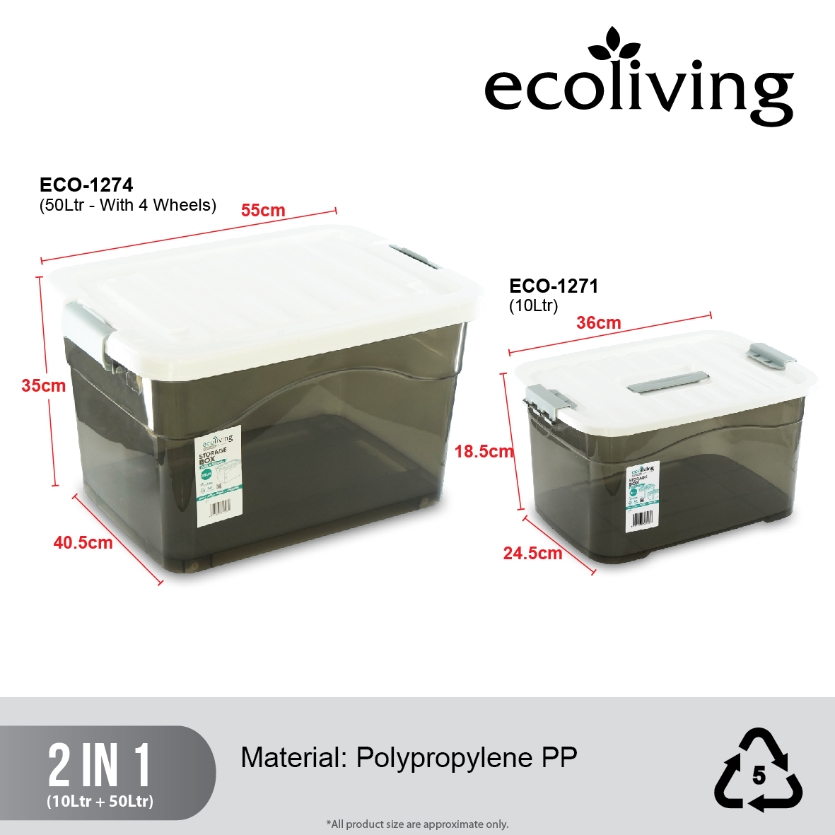 ECO LIVING OFFER PACK 2IN1 10L+50L Stackable Storage Box With Wheels, Kotak Penyimpanan, ECO-1271/ECO-1274 - Image 2