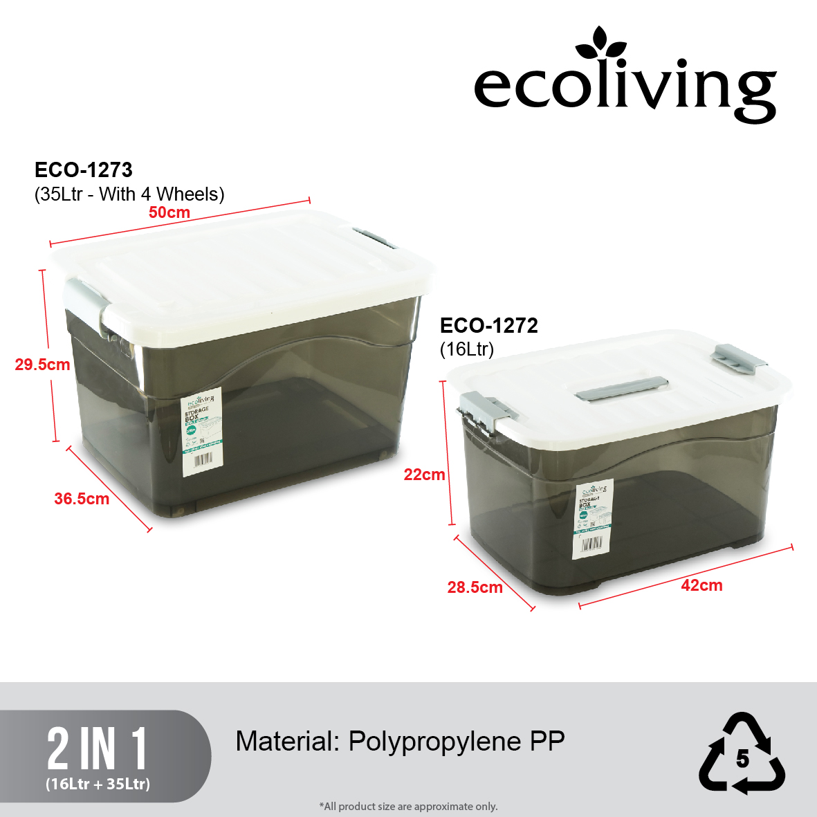 ECO LIVING OFFER PACK 2IN1 15L+35L Stackable Storage Box With Wheels, Kotak Penyimpanan, ECO-1272/ECO-1273 - Image 2