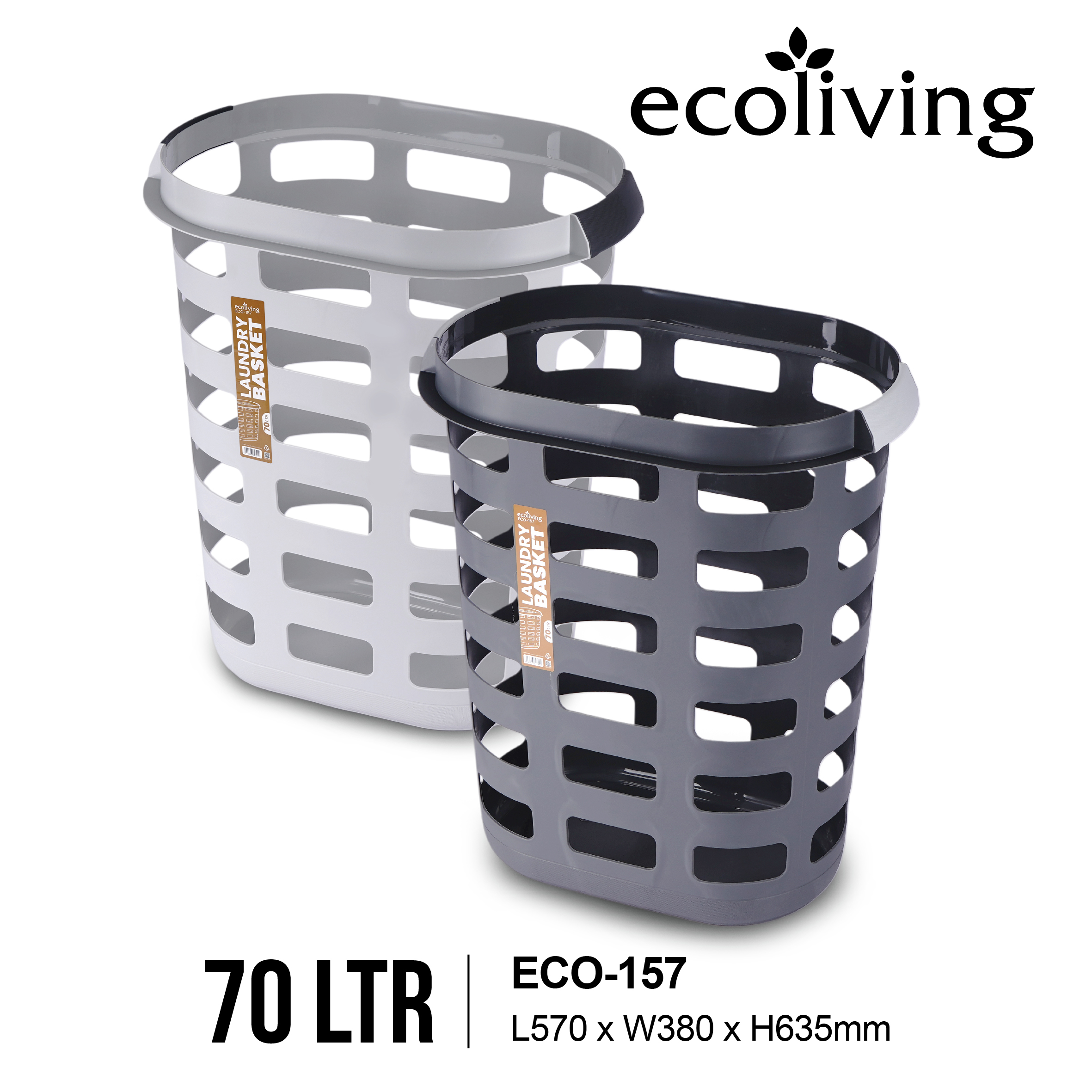 ECO LIVING 33/60Ltr Clothes Storage Laundry Basket with Holder, Large Capacity, Bakul Dobi Pakaian, ECO-156,ECO-157 - Image 2