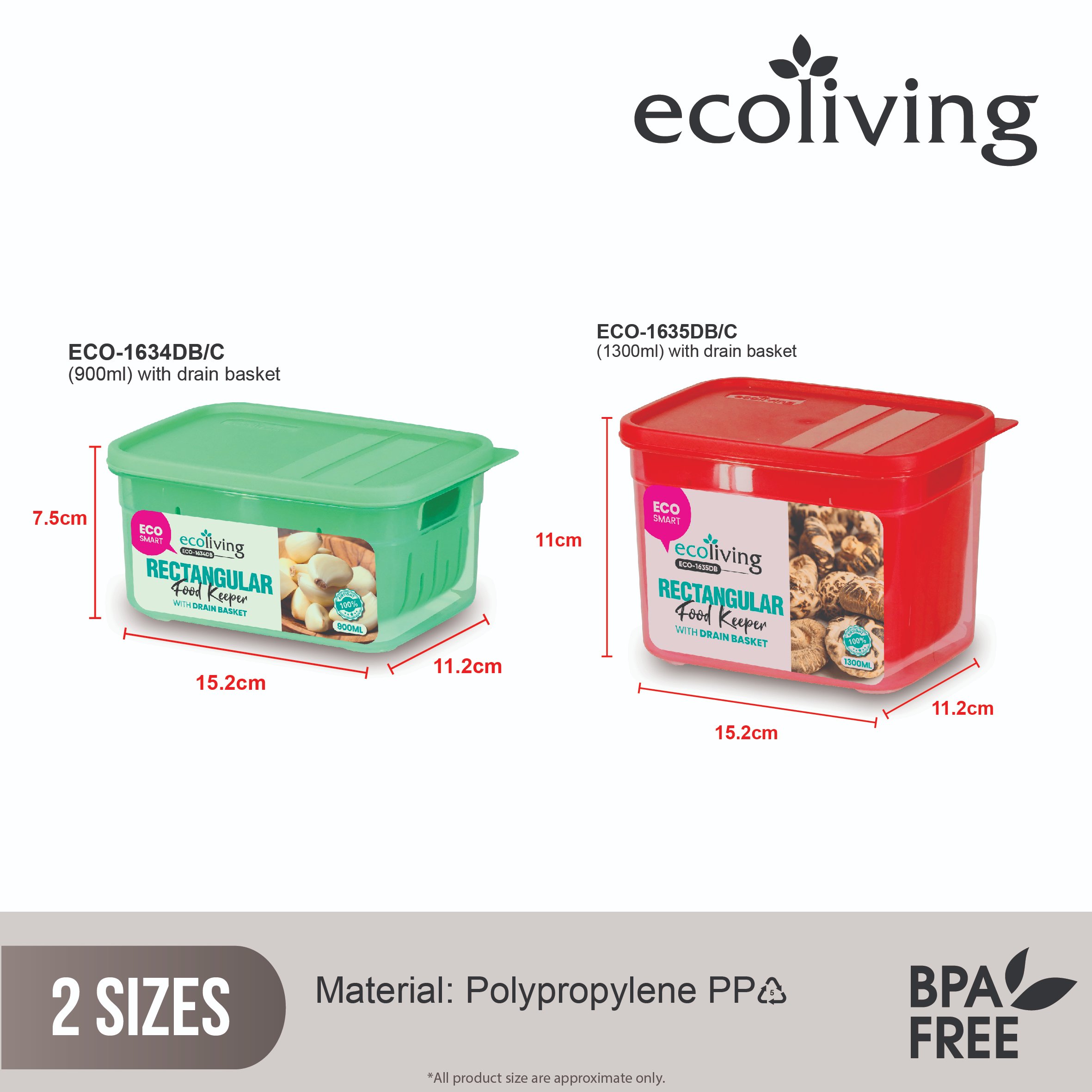 ECO LIVING 900/1300ml Rect Airtight ECO Smart Keeper w/Drainer, Food Container, Bekas Makanan, ECO-1634DB,ECO-1635DB/C - Image 2