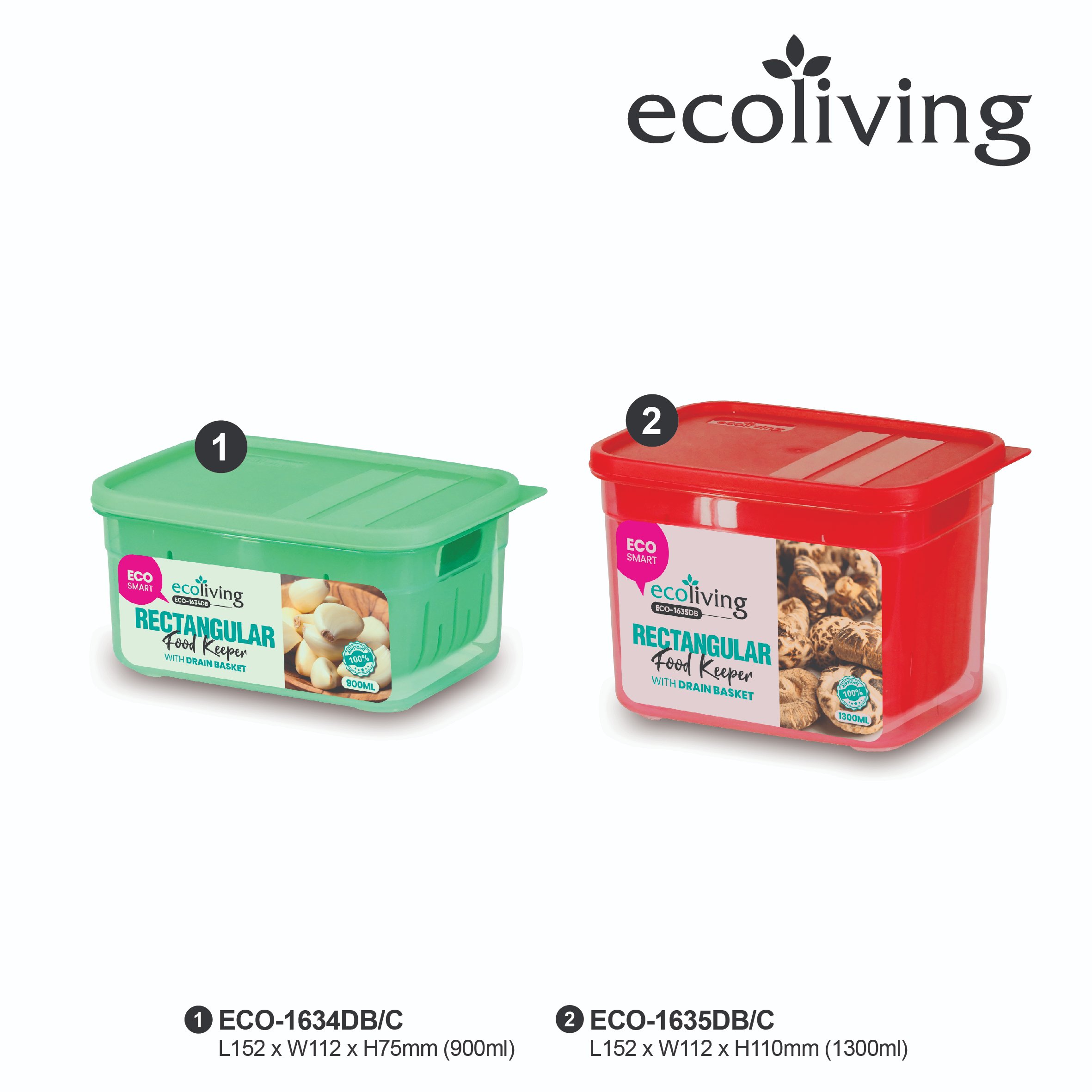 ECO LIVING 900/1300ml Rect Airtight ECO Smart Keeper w/Drainer, Food Container, Bekas Makanan, ECO-1634DB,ECO-1635DB/C - Image 3