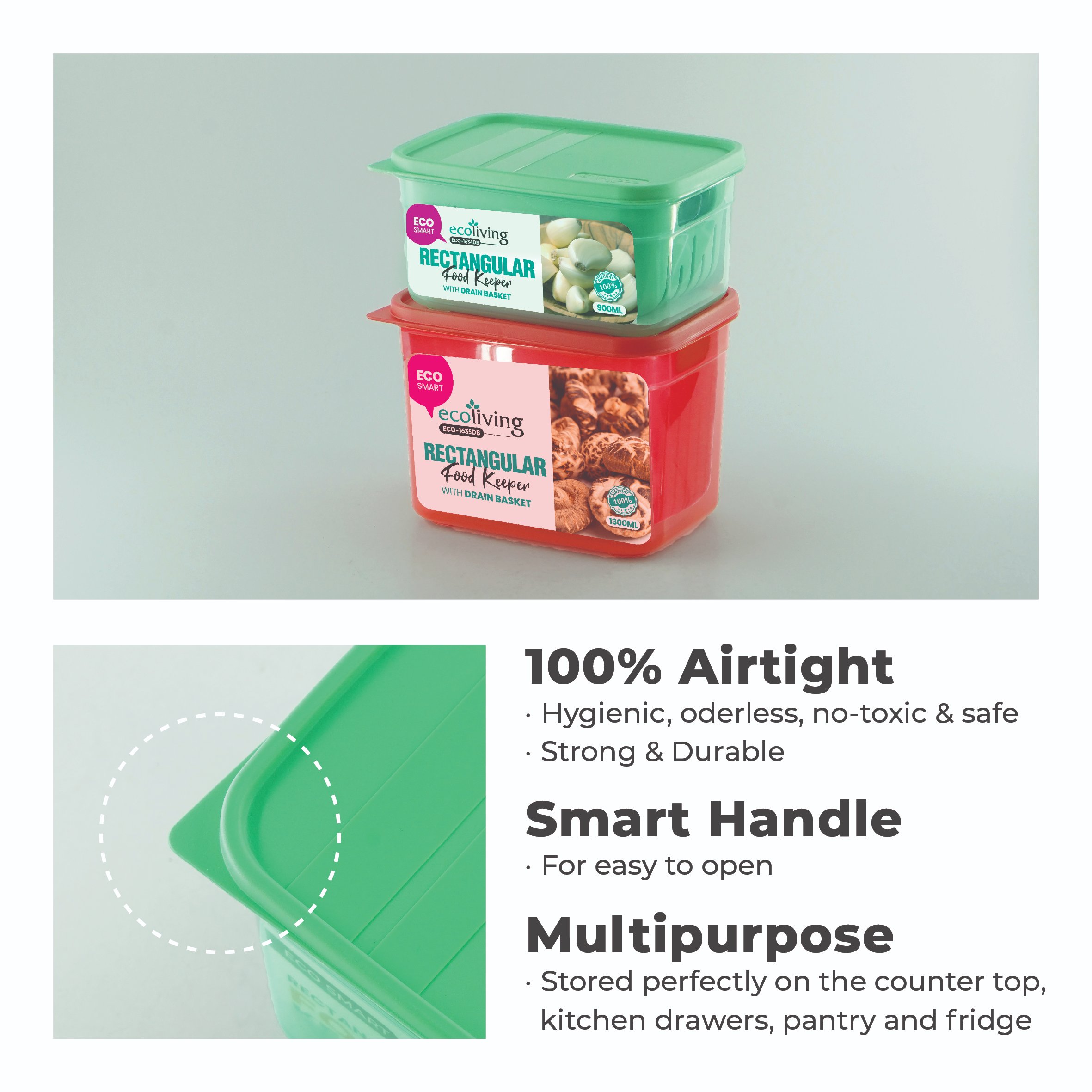 ECO LIVING 900/1300ml Rect Airtight ECO Smart Keeper w/Drainer, Food Container, Bekas Makanan, ECO-1634DB,ECO-1635DB/C - Image 5