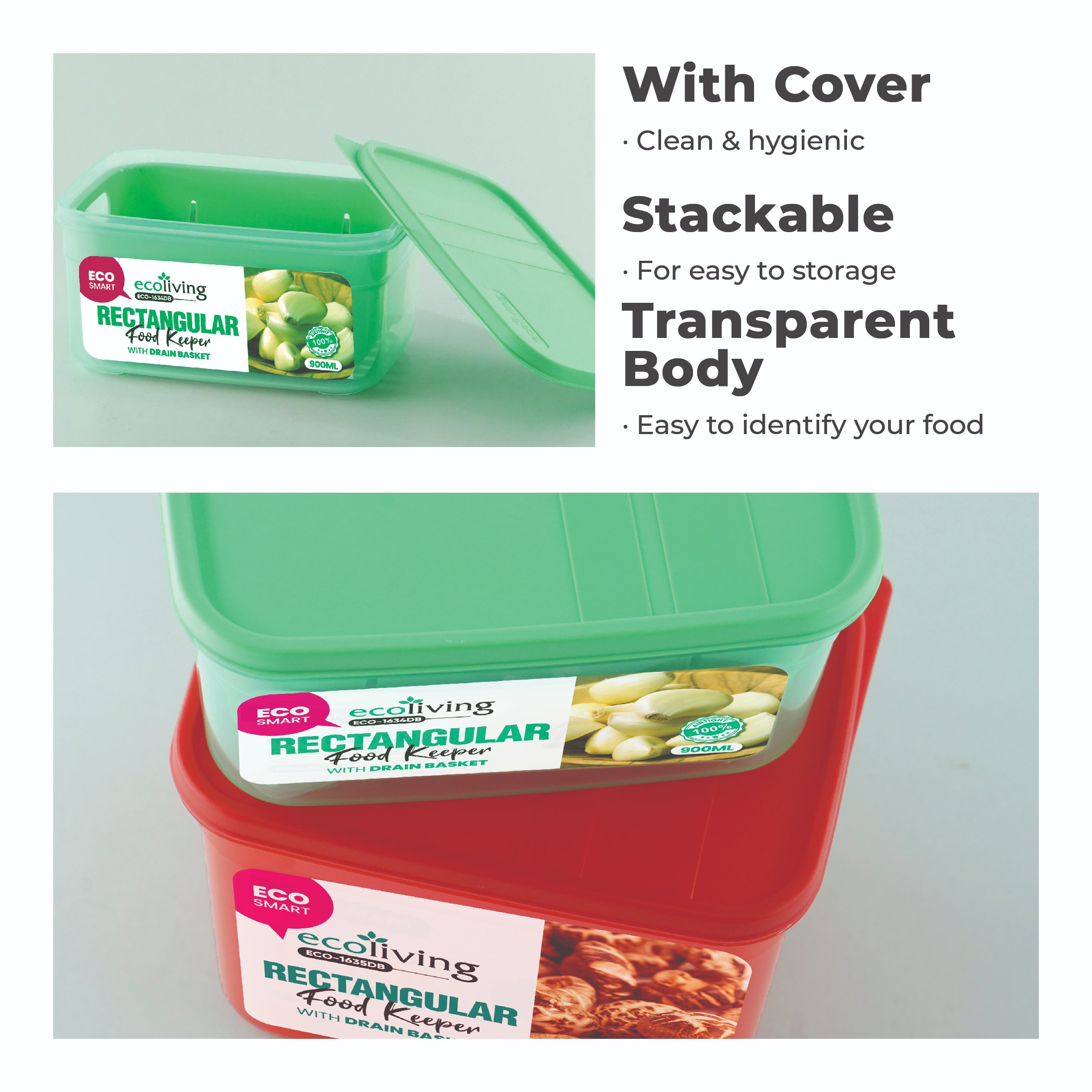 ECO LIVING 900/1300ml Rect Airtight ECO Smart Keeper w/Drainer, Food Container, Bekas Makanan, ECO-1634DB,ECO-1635DB/C - Image 4