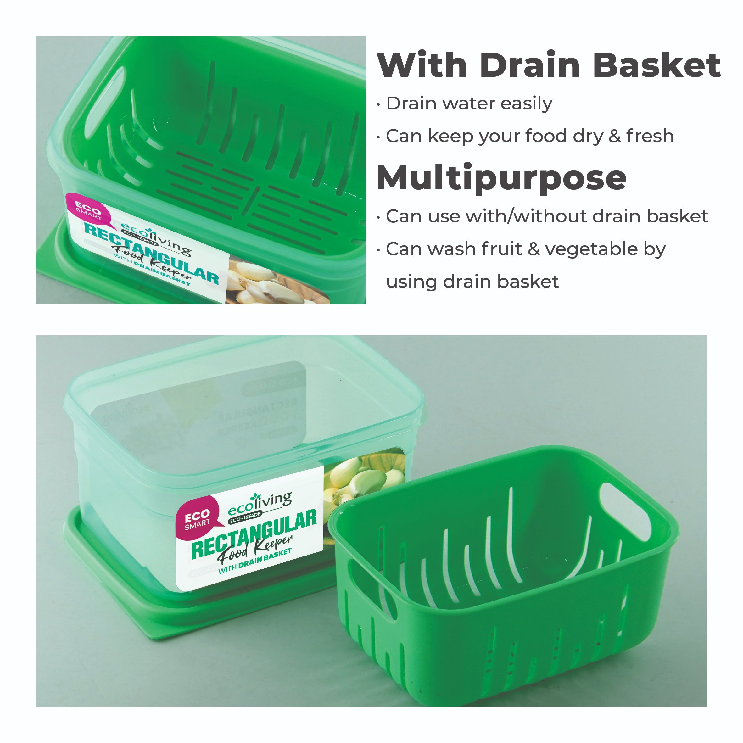 ECO LIVING 900/1300ml Rect Airtight ECO Smart Keeper w/Drainer, Food Container, Bekas Makanan, ECO-1634DB,ECO-1635DB/C - Image 6