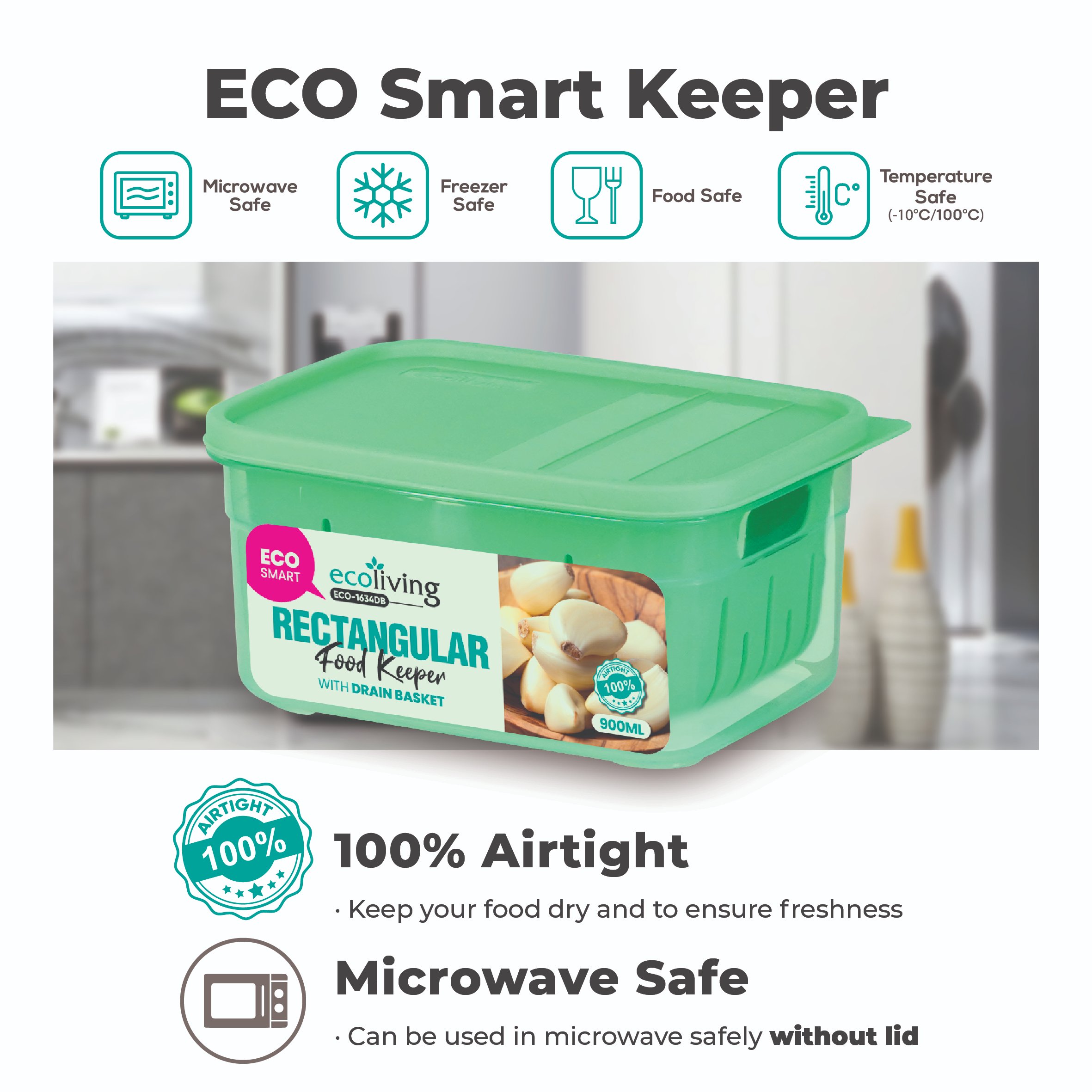 ECO LIVING 900/1300ml Rect Airtight ECO Smart Keeper w/Drainer, Food Container, Bekas Makanan, ECO-1634DB,ECO-1635DB/C - Image 7