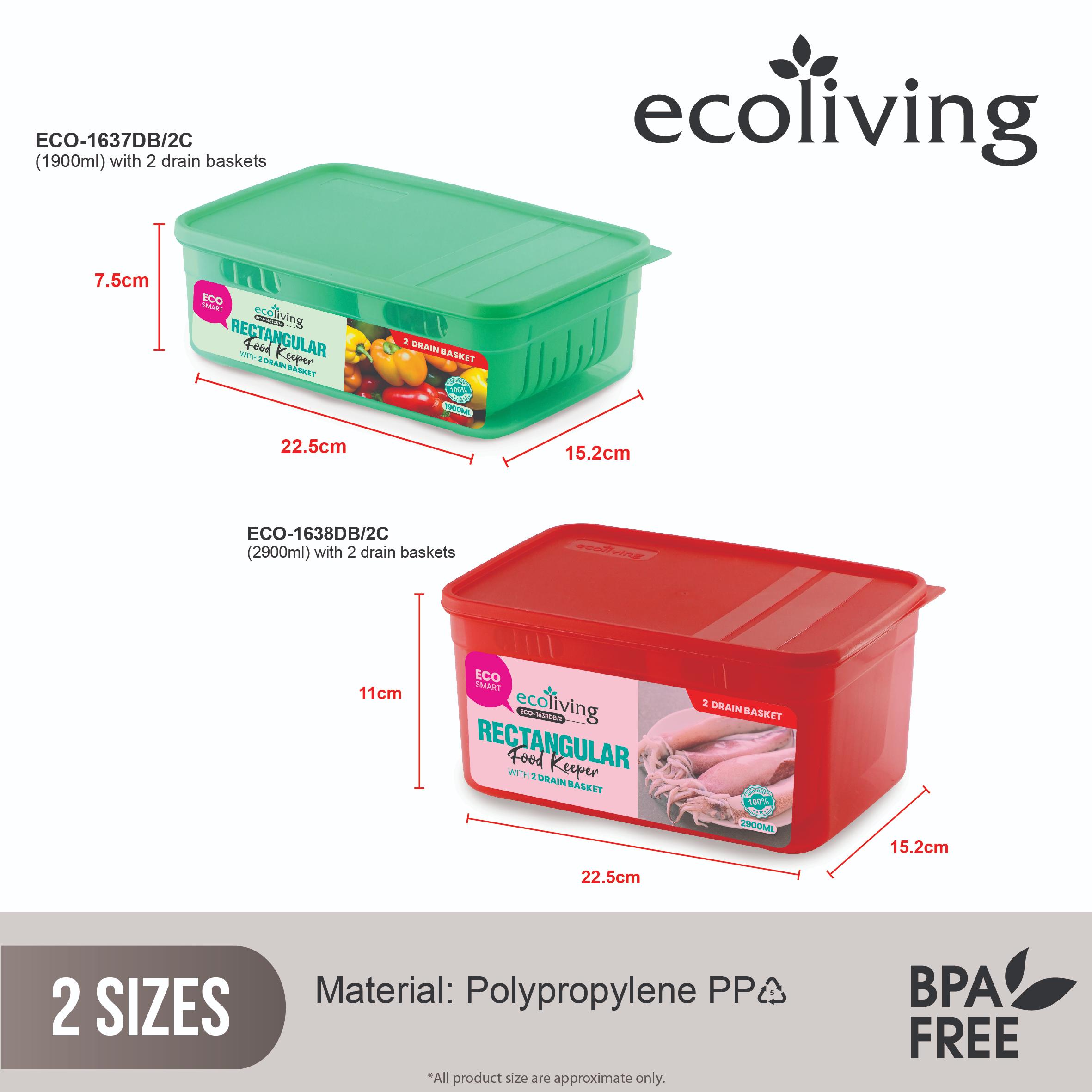 ECO LIVING 1900/2900ml Rect Airtight ECO Smart Keeper w/Drainer, Food Container, Bekas Makanan, ECO-1637DB,ECO-1638DB/2C - Image 2