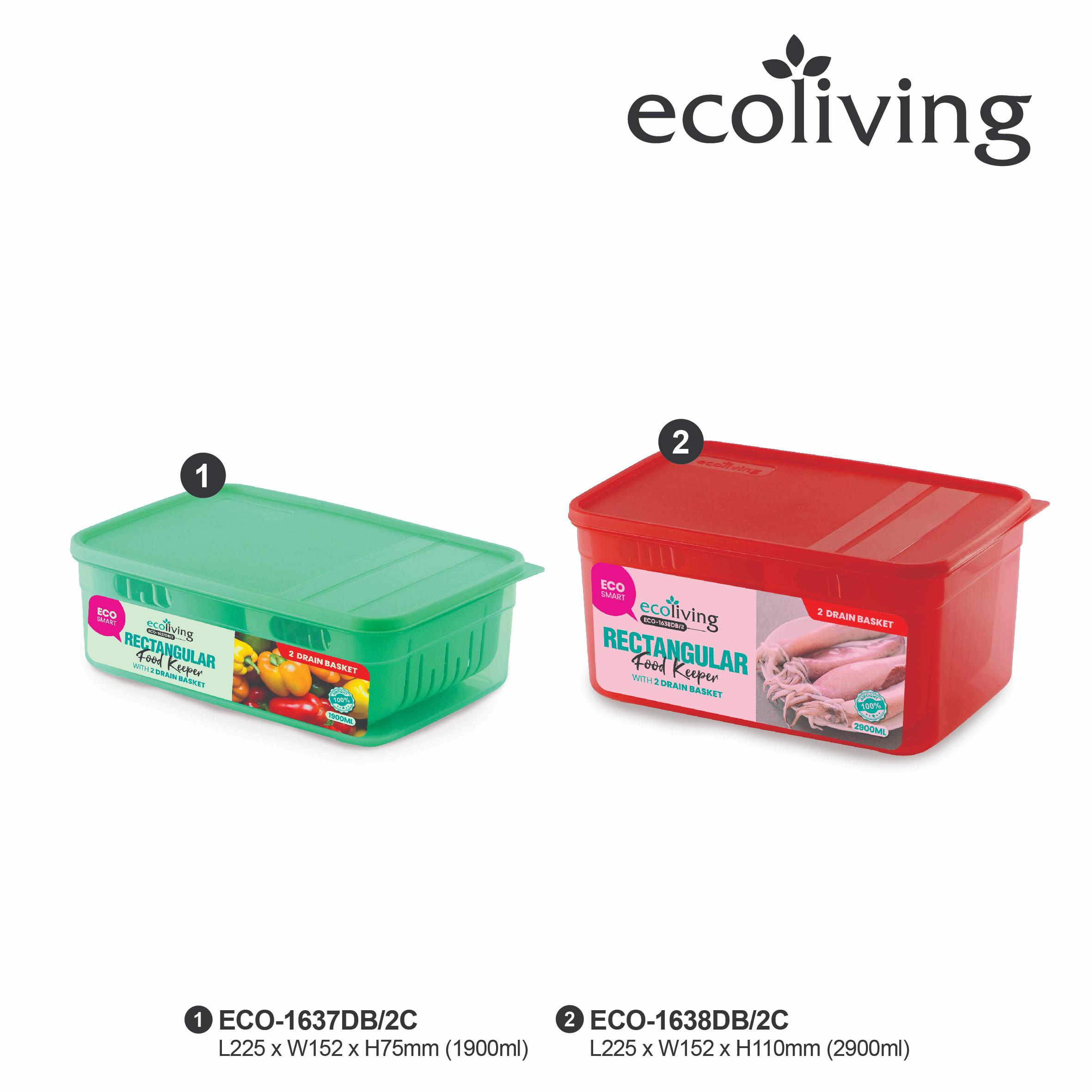 ECO LIVING 1900/2900ml Rect Airtight ECO Smart Keeper w/Drainer, Food Container, Bekas Makanan, ECO-1637DB,ECO-1638DB/2C - Image 3