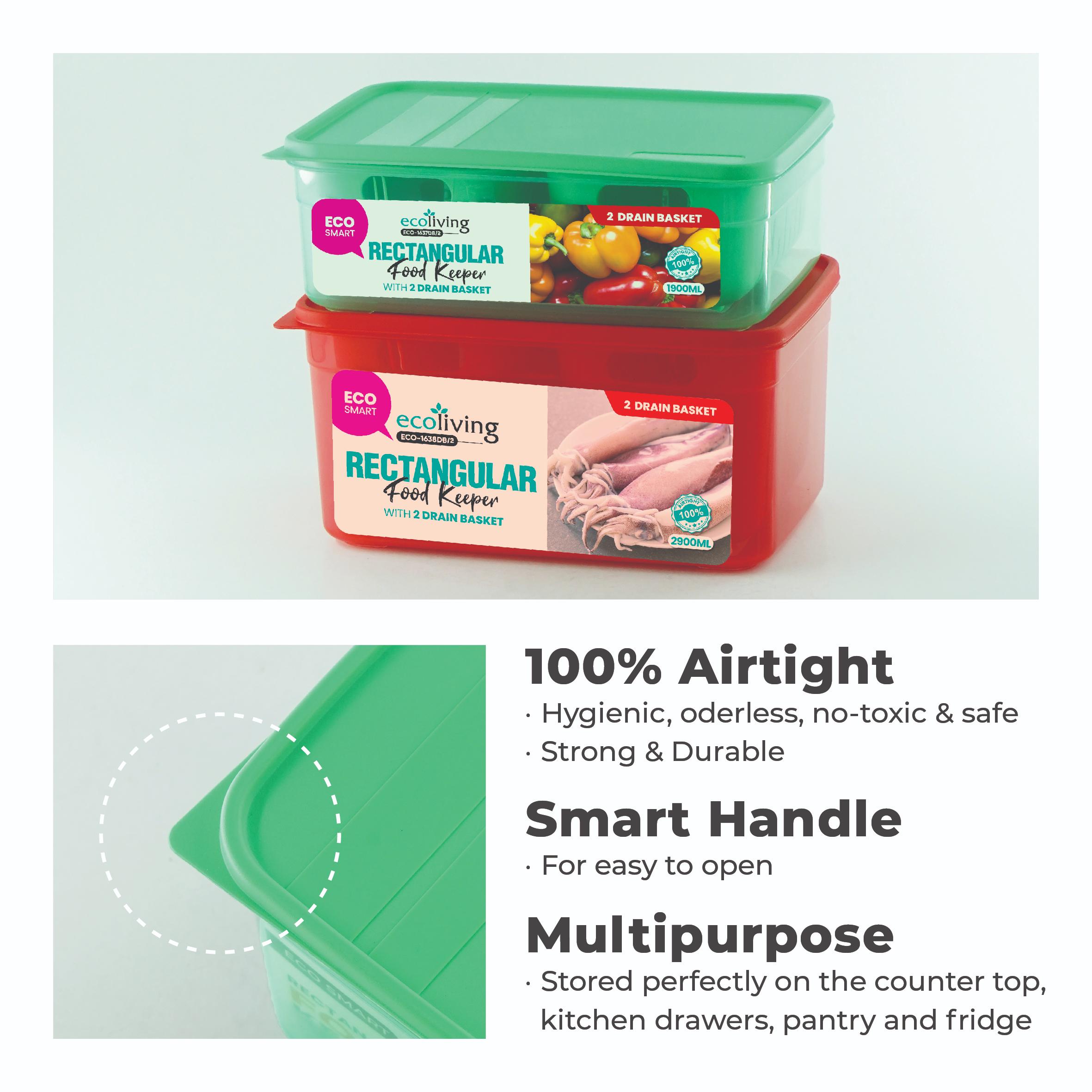 ECO LIVING 1900/2900ml Rect Airtight ECO Smart Keeper w/Drainer, Food Container, Bekas Makanan, ECO-1637DB,ECO-1638DB/2C - Image 4