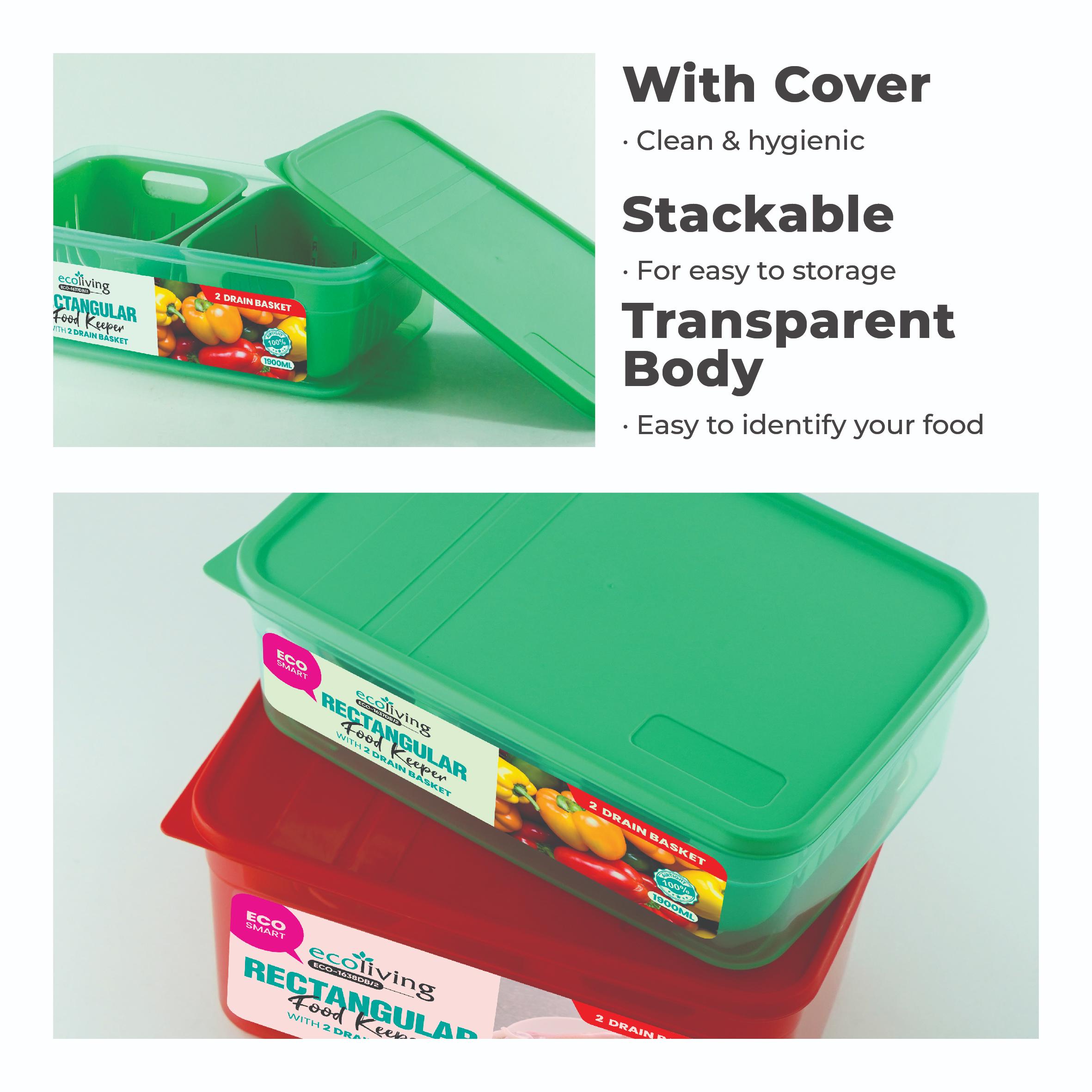 ECO LIVING 1900/2900ml Rect Airtight ECO Smart Keeper w/Drainer, Food Container, Bekas Makanan, ECO-1637DB,ECO-1638DB/2C - Image 5