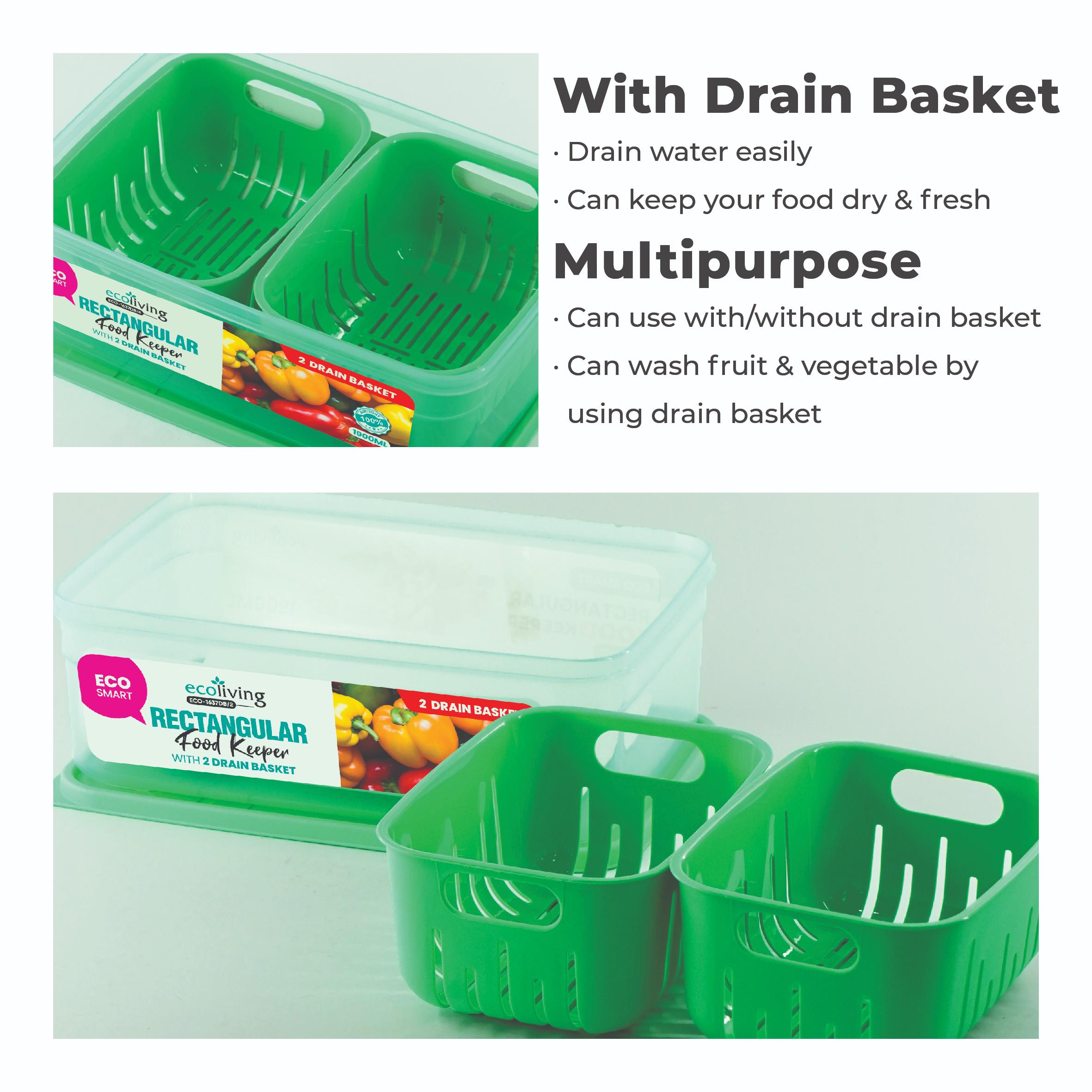 ECO LIVING 1900/2900ml Rect Airtight ECO Smart Keeper w/Drainer, Food Container, Bekas Makanan, ECO-1637DB,ECO-1638DB/2C - Image 6