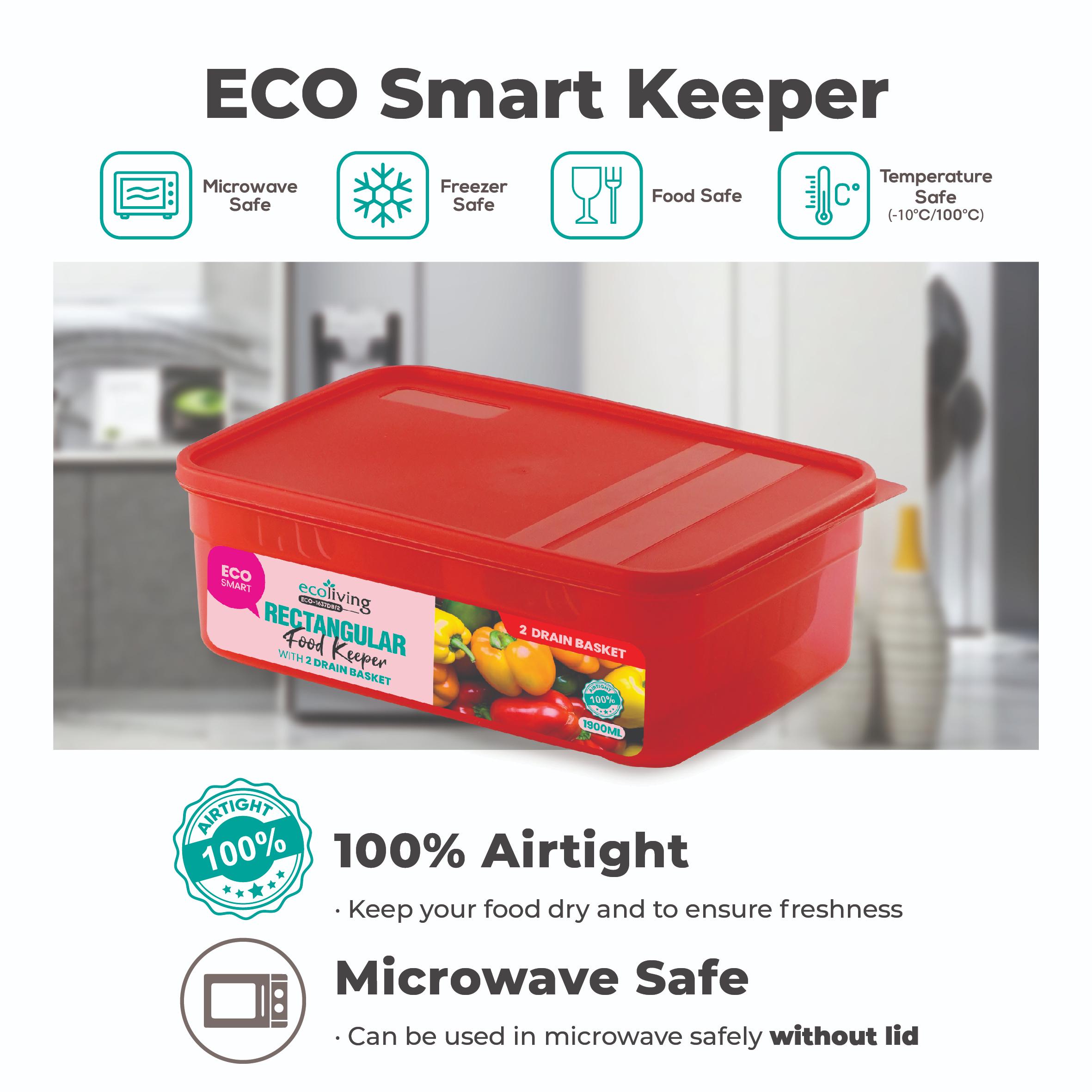 ECO LIVING 1900/2900ml Rect Airtight ECO Smart Keeper w/Drainer, Food Container, Bekas Makanan, ECO-1637DB,ECO-1638DB/2C - Image 7
