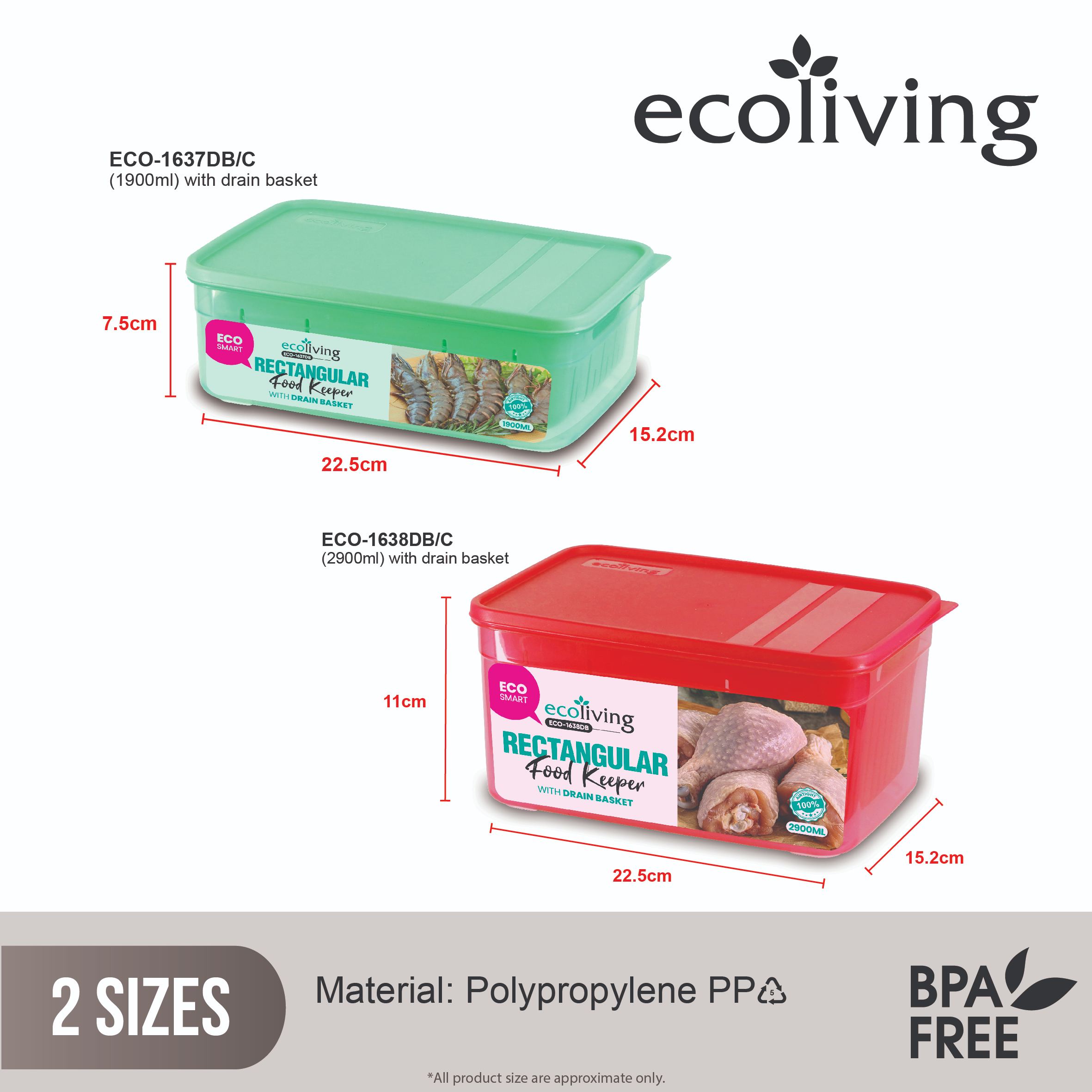 ECO LIVING 1900/2900ml Rect Airtight ECO Smart Keeper w/Drainer, Food Container, Bekas Makanan, ECO-1637DB,1638DB/C - Image 2