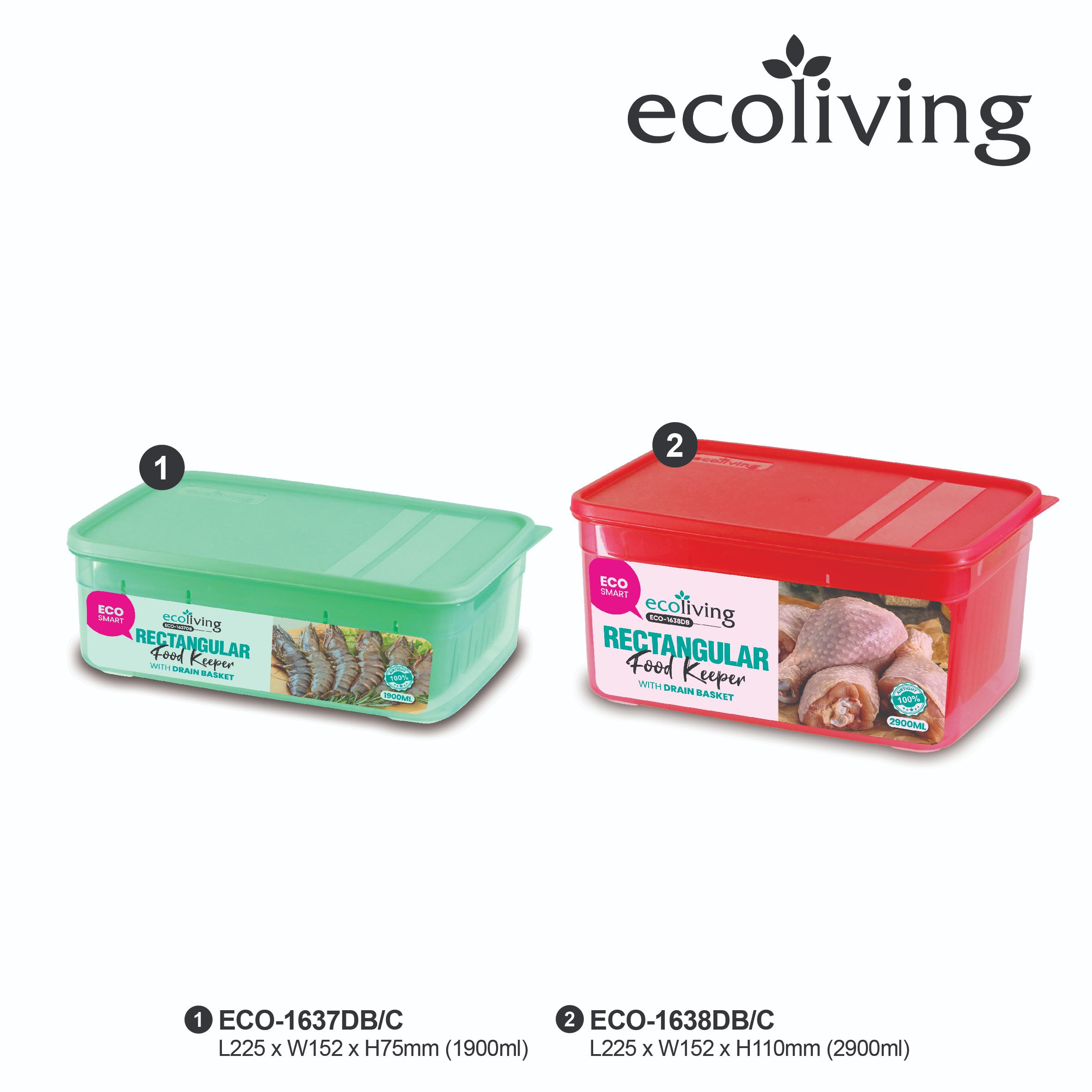 ECO LIVING 1900/2900ml Rect Airtight ECO Smart Keeper w/Drainer, Food Container, Bekas Makanan, ECO-1637DB,1638DB/C - Image 3