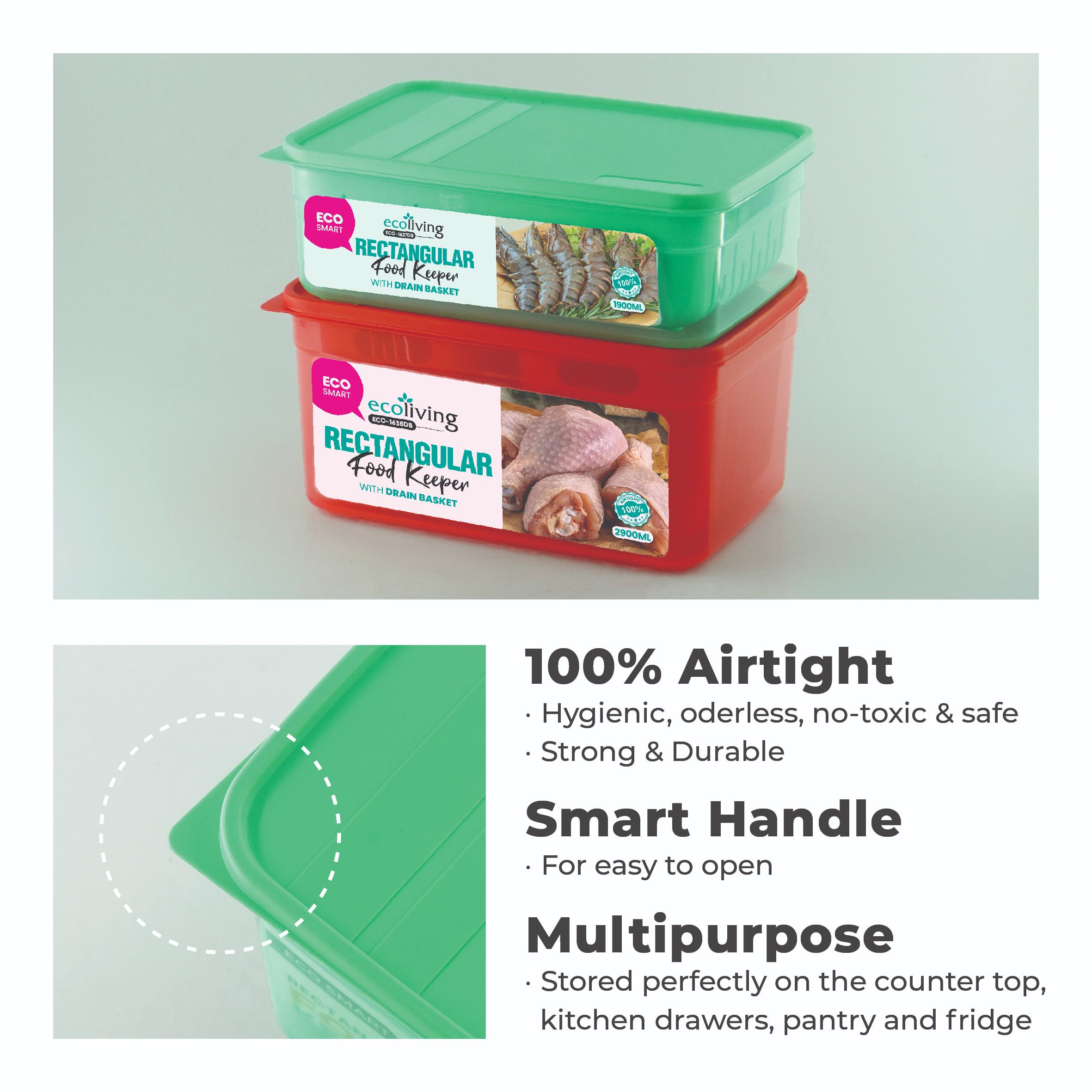 ECO LIVING 1900/2900ml Rect Airtight ECO Smart Keeper w/Drainer, Food Container, Bekas Makanan, ECO-1637DB,1638DB/C - Image 5