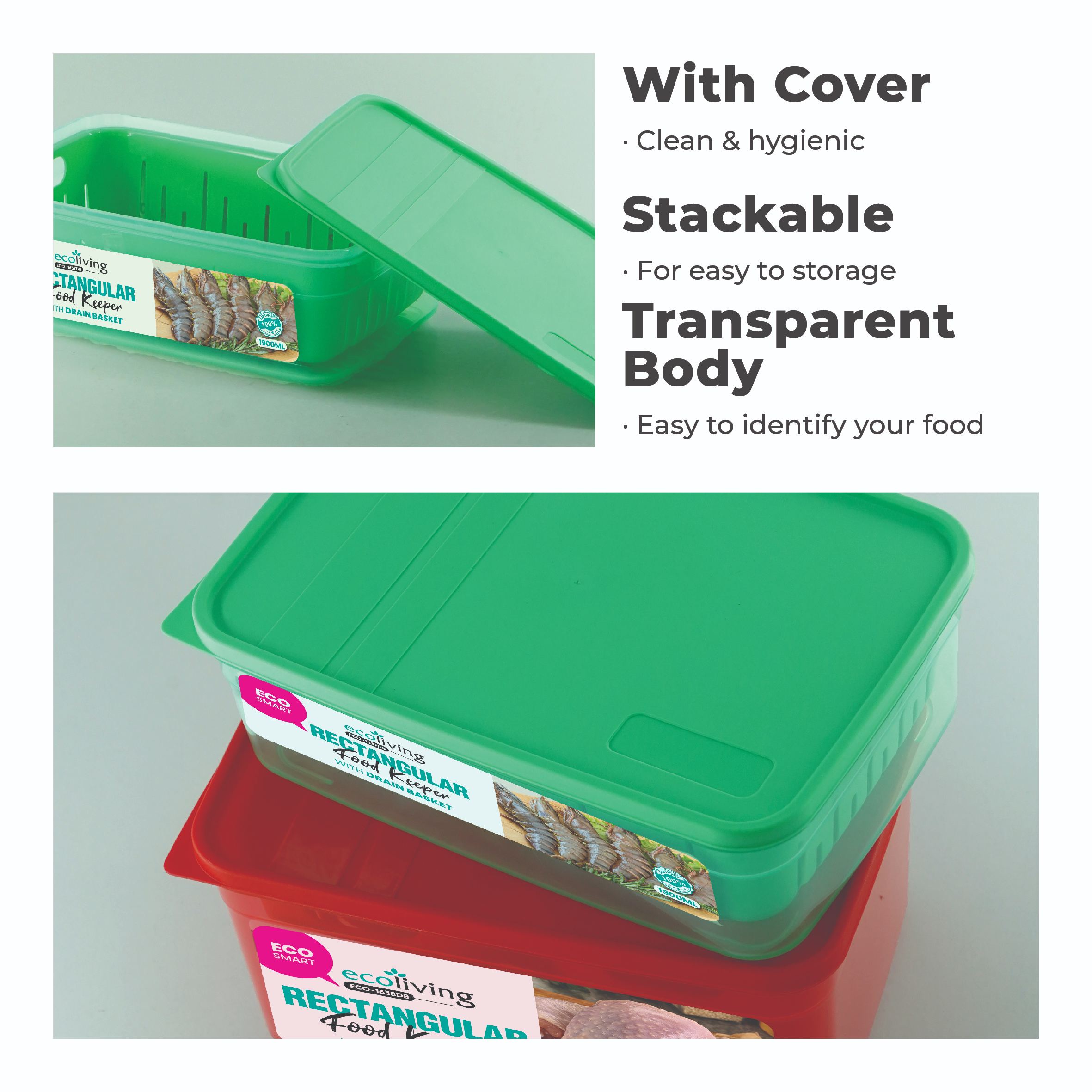 ECO LIVING 1900/2900ml Rect Airtight ECO Smart Keeper w/Drainer, Food Container, Bekas Makanan, ECO-1637DB,1638DB/C - Image 6