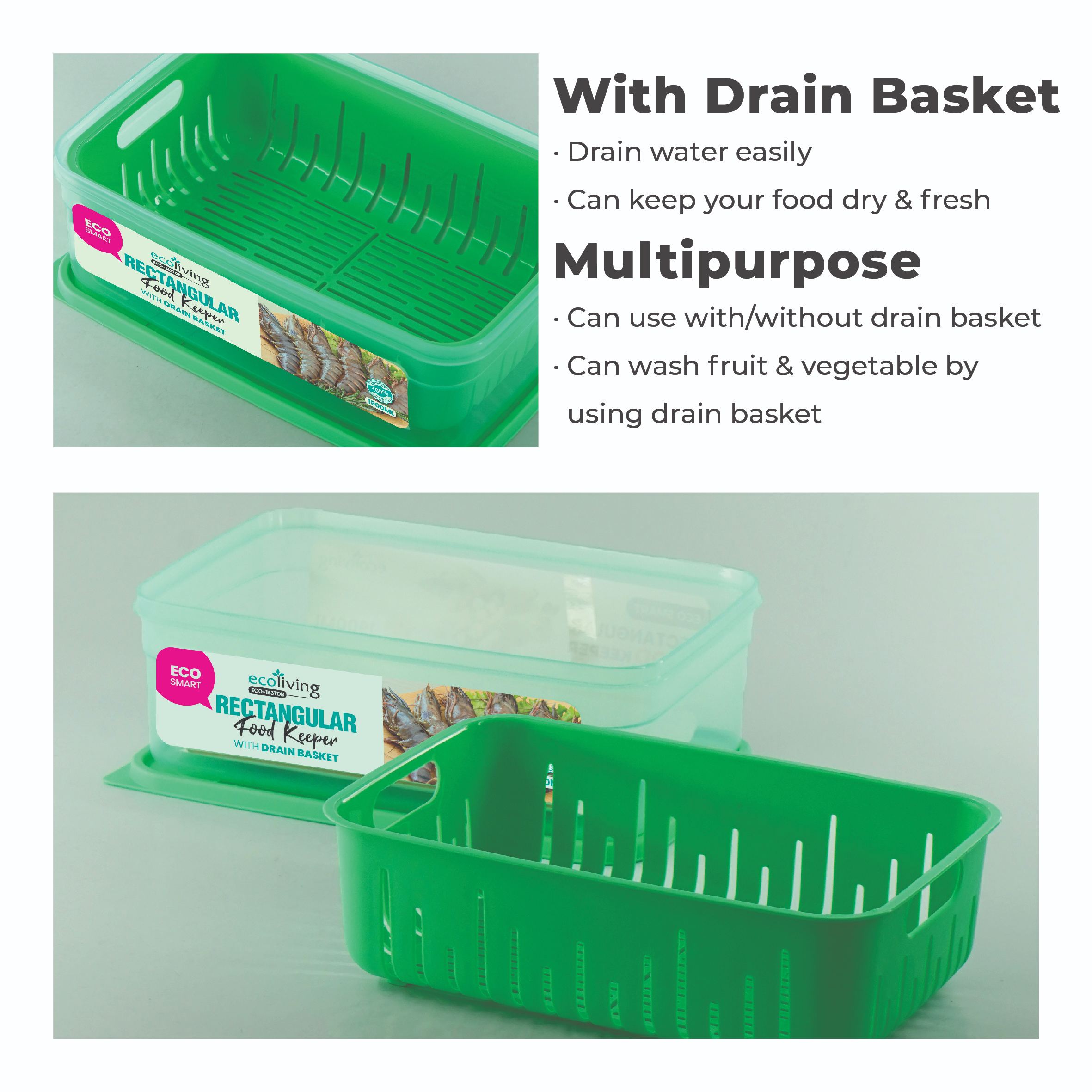 ECO LIVING 1900/2900ml Rect Airtight ECO Smart Keeper w/Drainer, Food Container, Bekas Makanan, ECO-1637DB,1638DB/C - Image 4