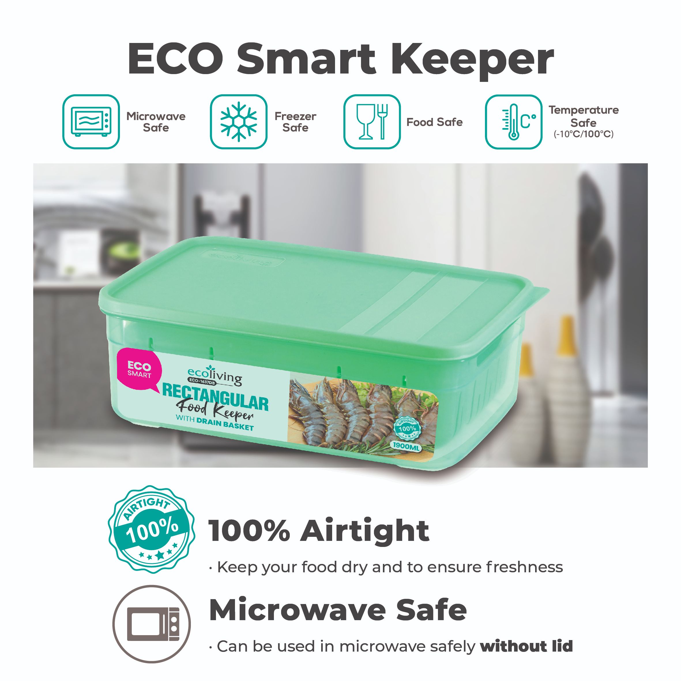 ECO LIVING 1900/2900ml Rect Airtight ECO Smart Keeper w/Drainer, Food Container, Bekas Makanan, ECO-1637DB,1638DB/C - Image 7