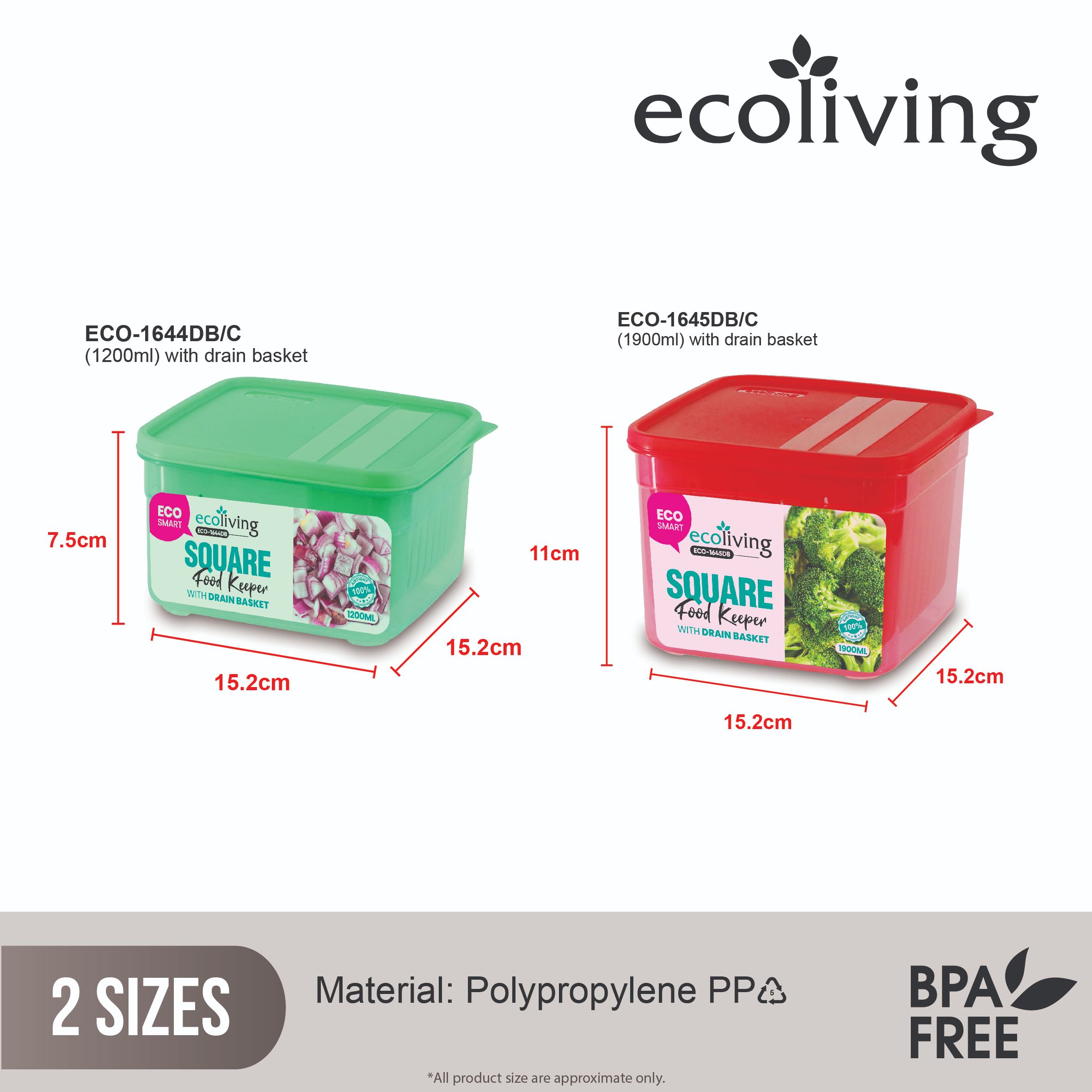 ECO LIVING 1.2/1.9L Square Airtight Eco Smart Keeper w/Drainer, Food Container, Bekas Makanan, ECO-1644DB,ECO-1645DB/C - Image 2