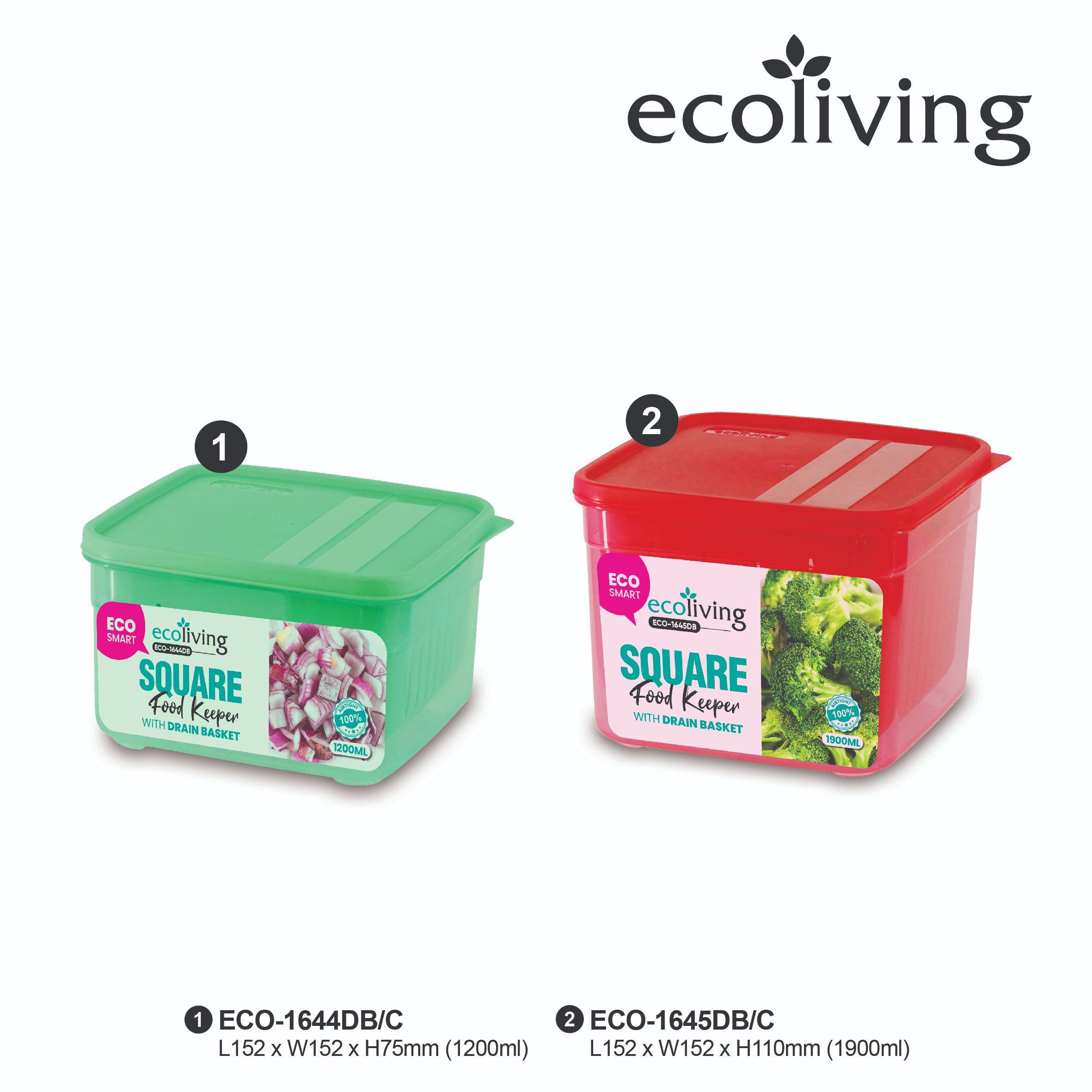 ECO LIVING 1.2/1.9L Square Airtight Eco Smart Keeper w/Drainer, Food Container, Bekas Makanan, ECO-1644DB,ECO-1645DB/C - Image 3