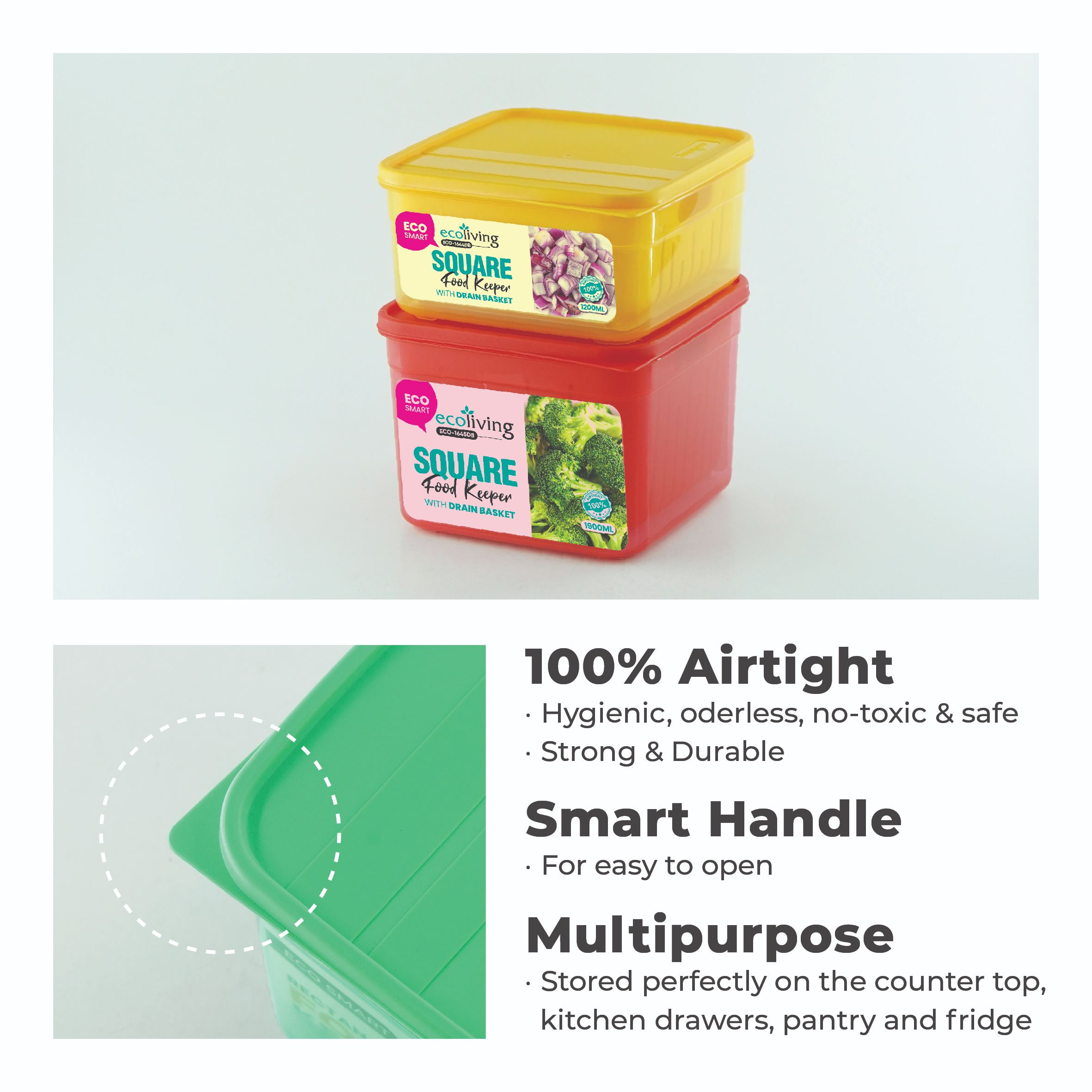 ECO LIVING 1.2/1.9L Square Airtight Eco Smart Keeper w/Drainer, Food Container, Bekas Makanan, ECO-1644DB,ECO-1645DB/C - Image 5